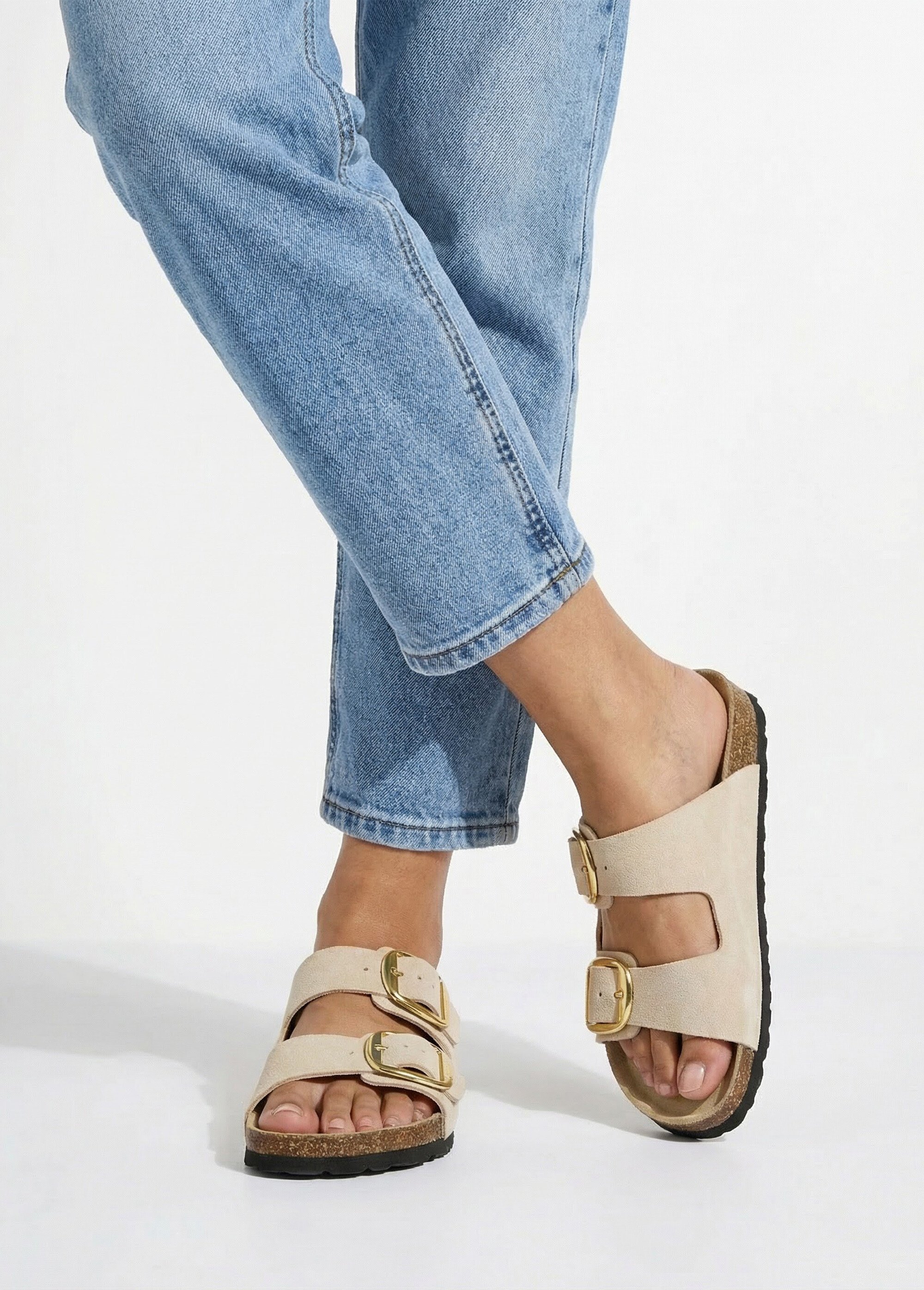 Mules ergonomiques compensées cuir à boucles Femme Beige OHIO SI1