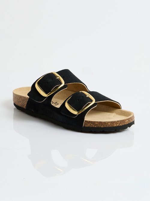 Mules ergonomiques compensées cuir à boucles Femme Noir OHIO FA1
