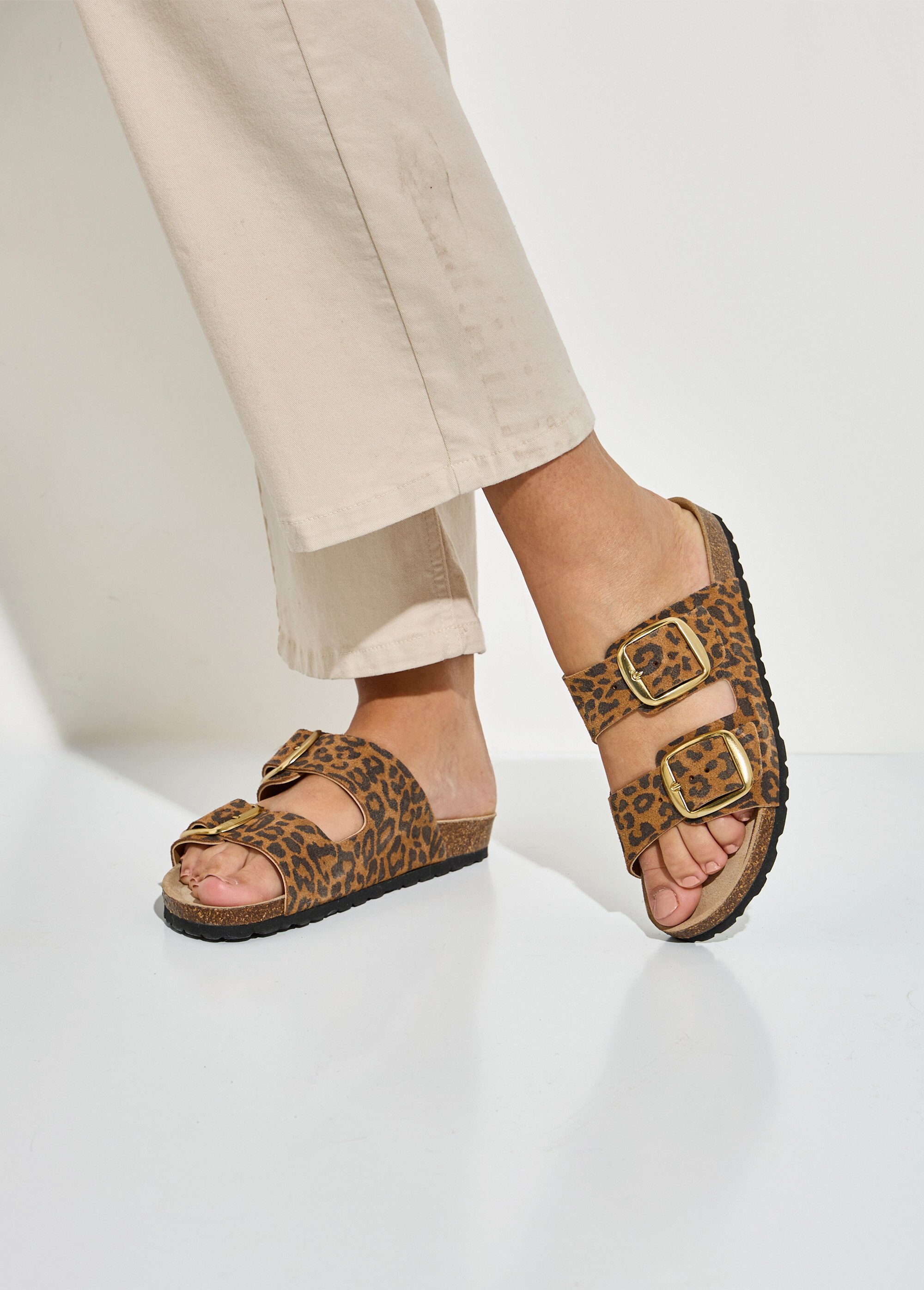 Mules ergonomiques compensées cuir à boucles Femme Beige OHIO SI1