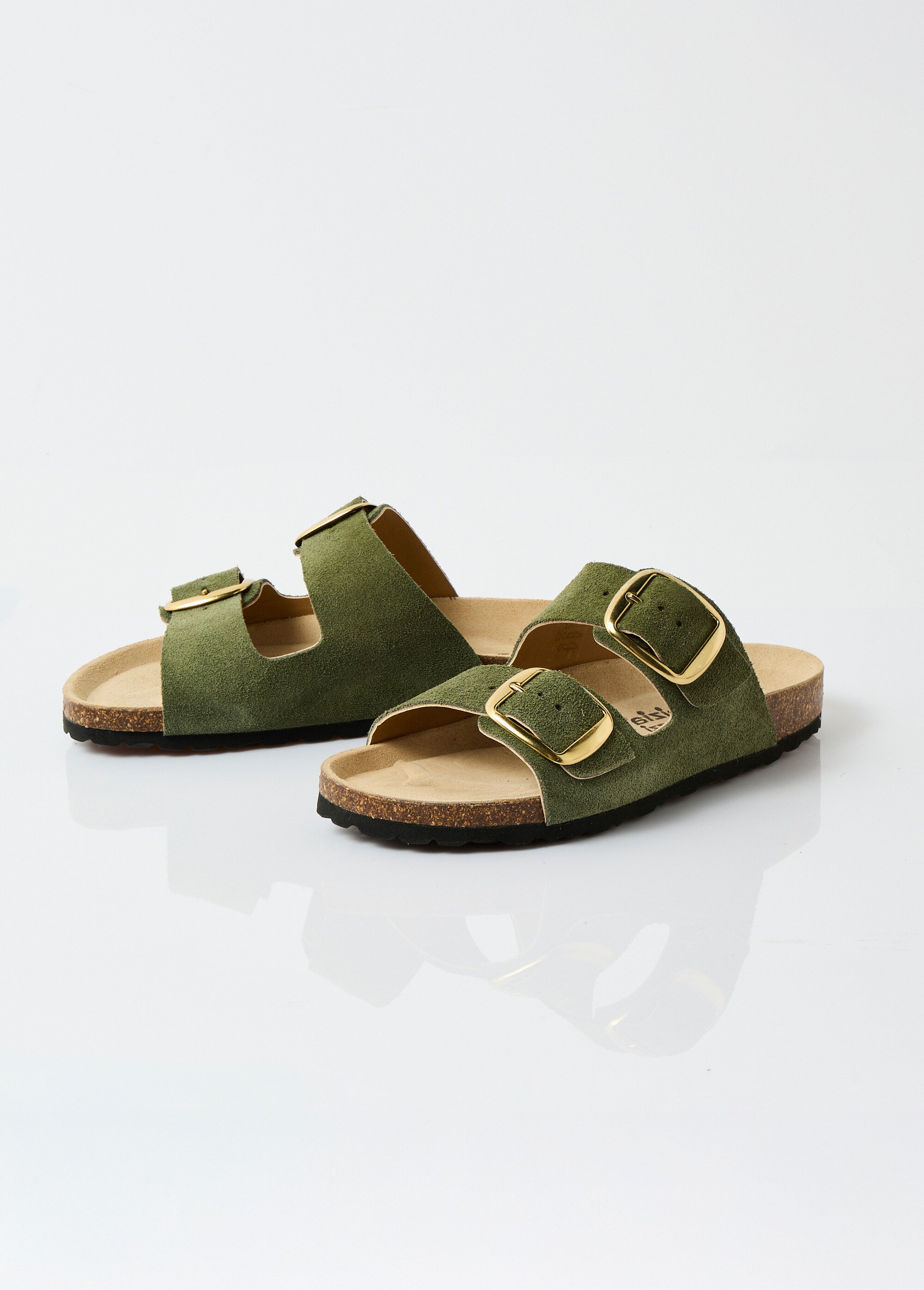 Mules ergonomiques compensées cuir à boucles Femme Vert OHIO DE1