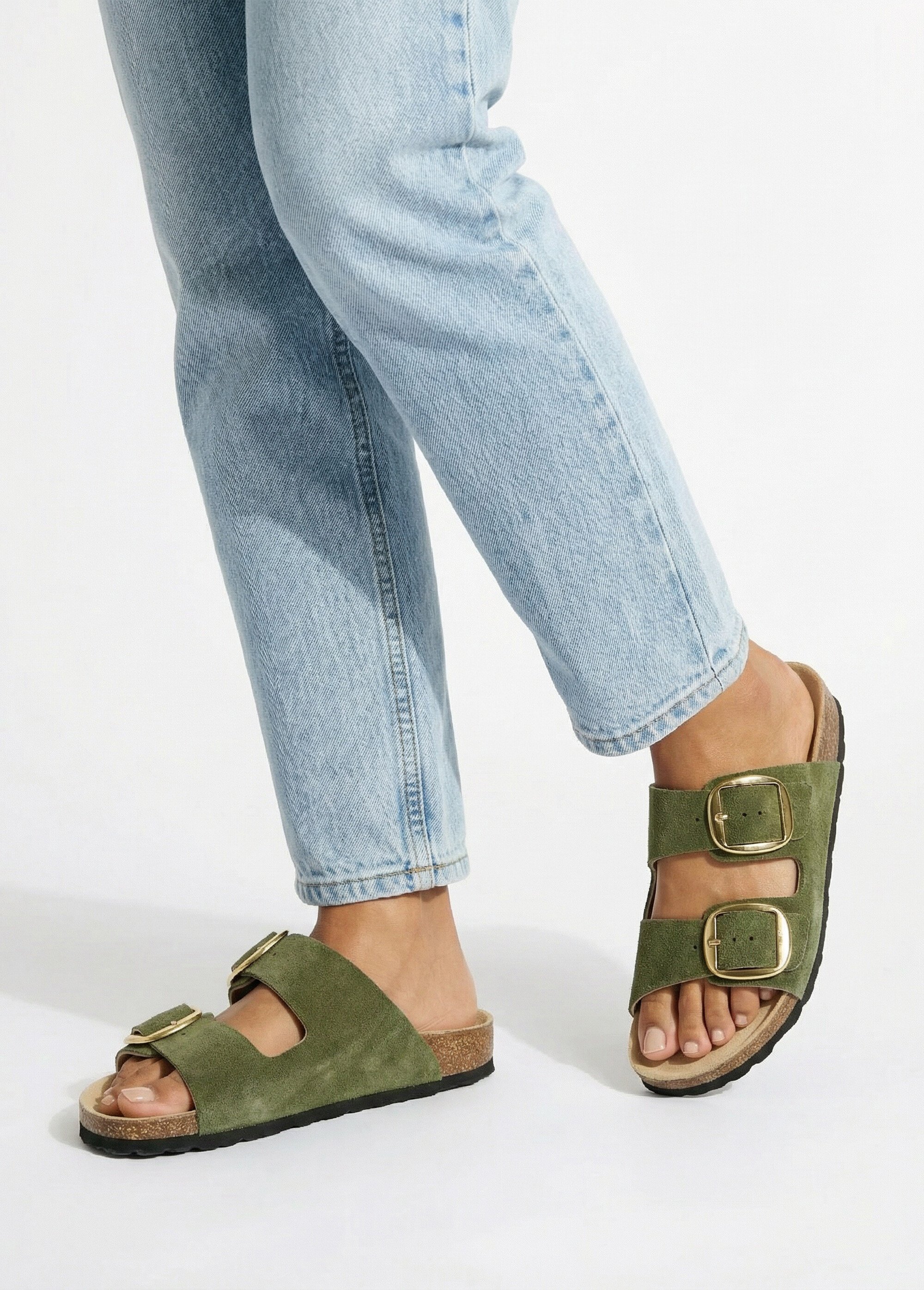 Mules ergonomiques compensées cuir à boucles Femme Vert OHIO SI1