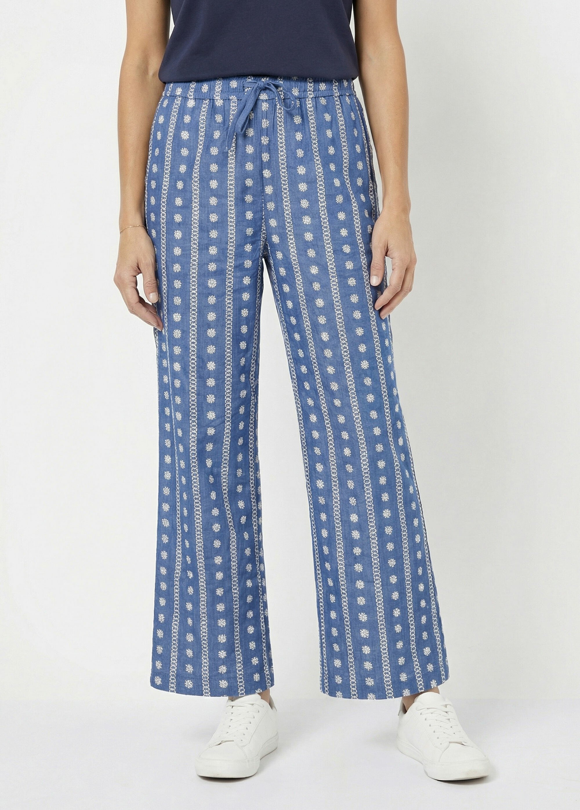 Pantalon large chambray, broderie anglaise Femme Bleu IA-R5261-3 FA1