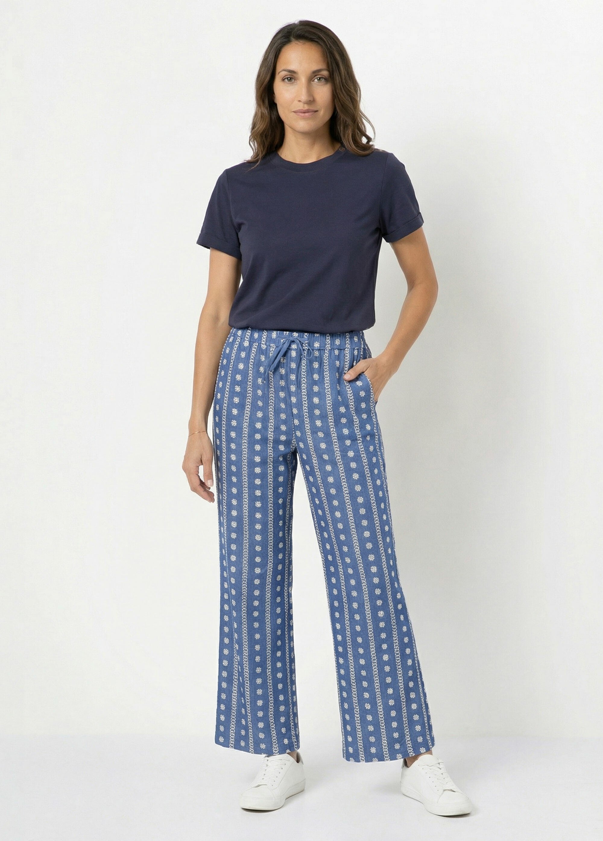 Pantalon large chambray, broderie anglaise Femme Bleu IA-R5261-3 SF1