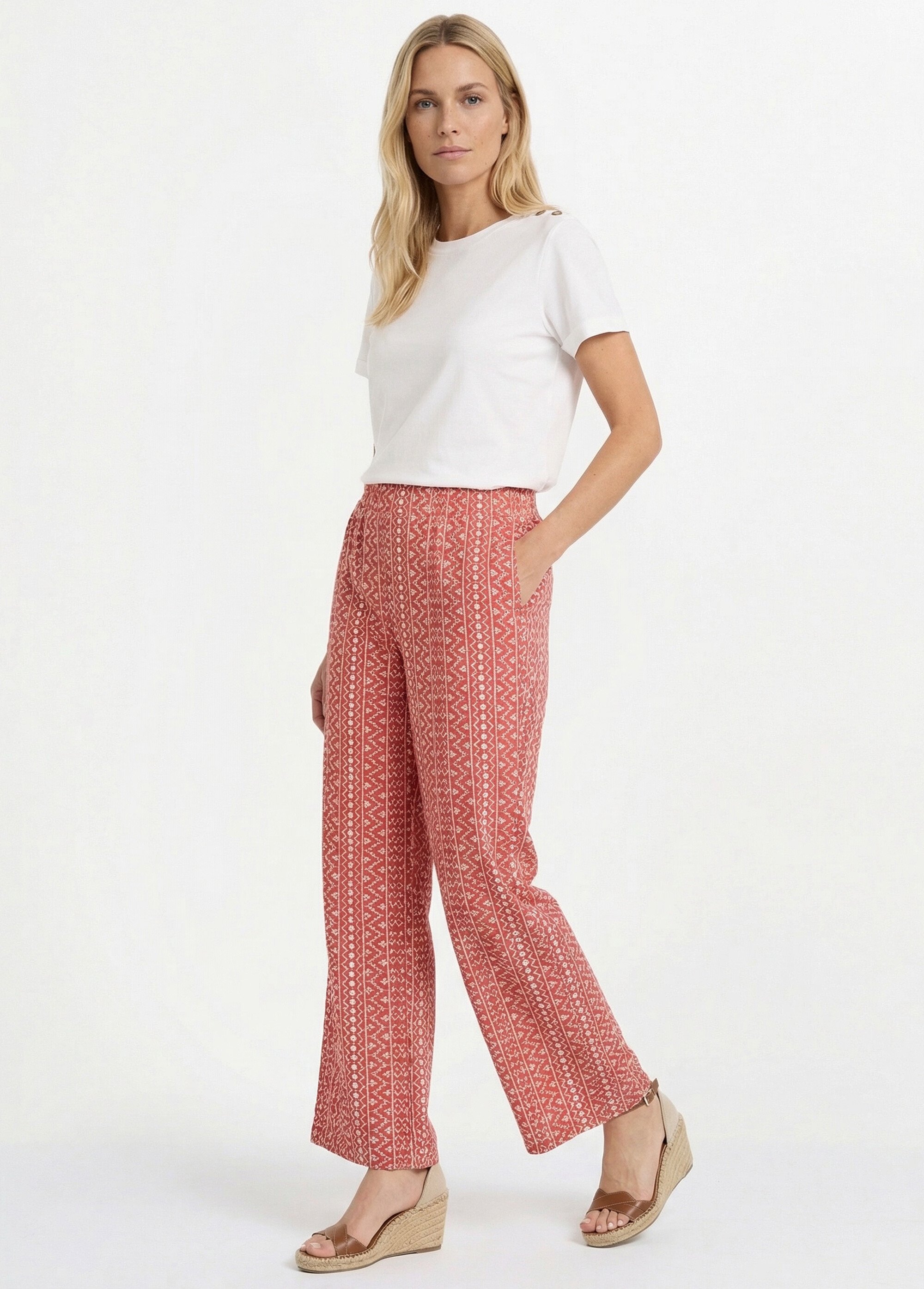 Pantalon large coton, broderie anglaise