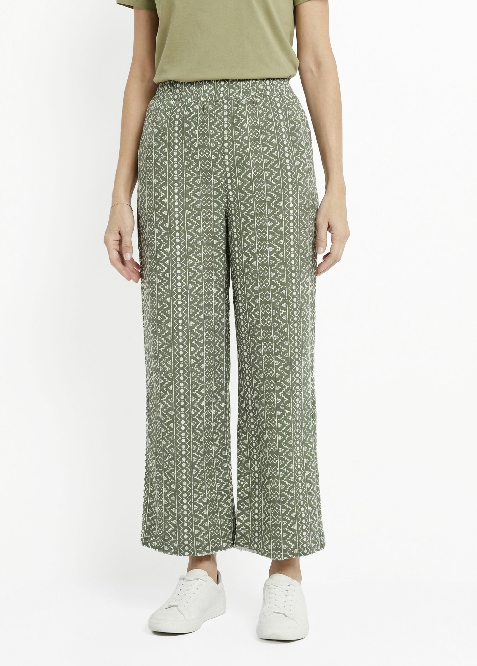 Pantalon large coton, broderie anglaise Femme Vert IA-R5718 FA1