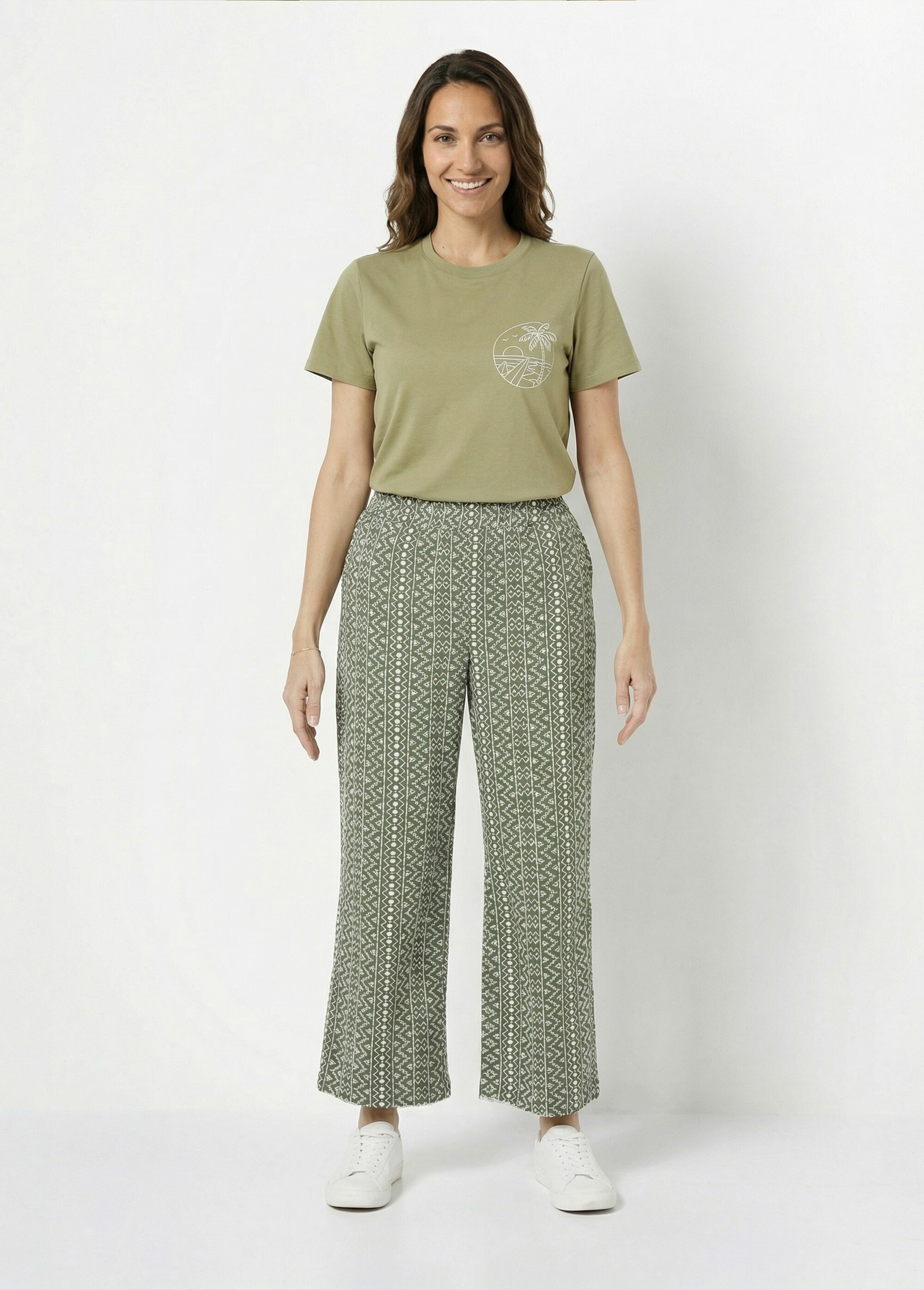Pantalon large coton, broderie anglaise Femme Vert IA-R5718 SF1