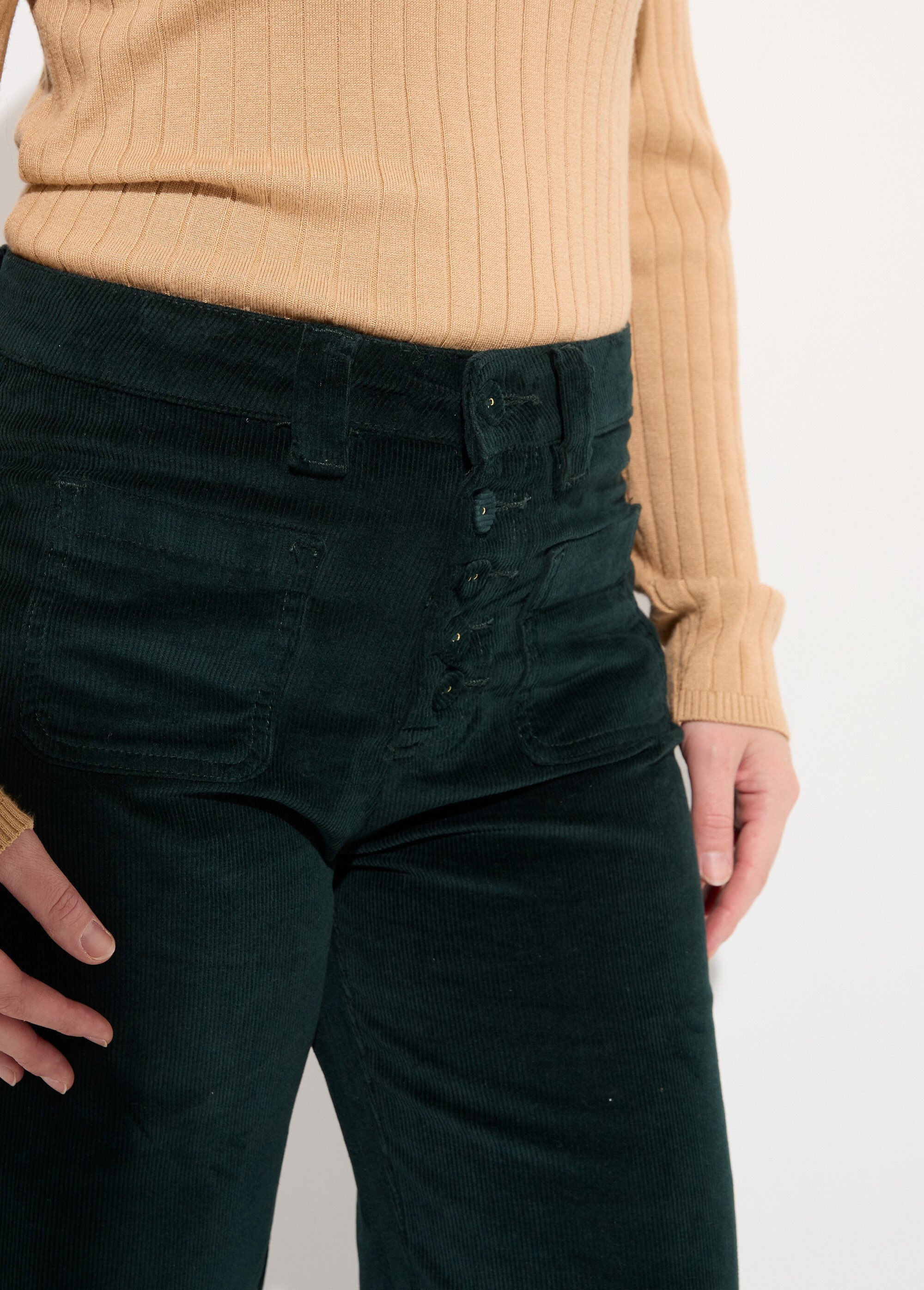 Pantalon large en velours avec poches Femme Vert OR-H2233 DE1