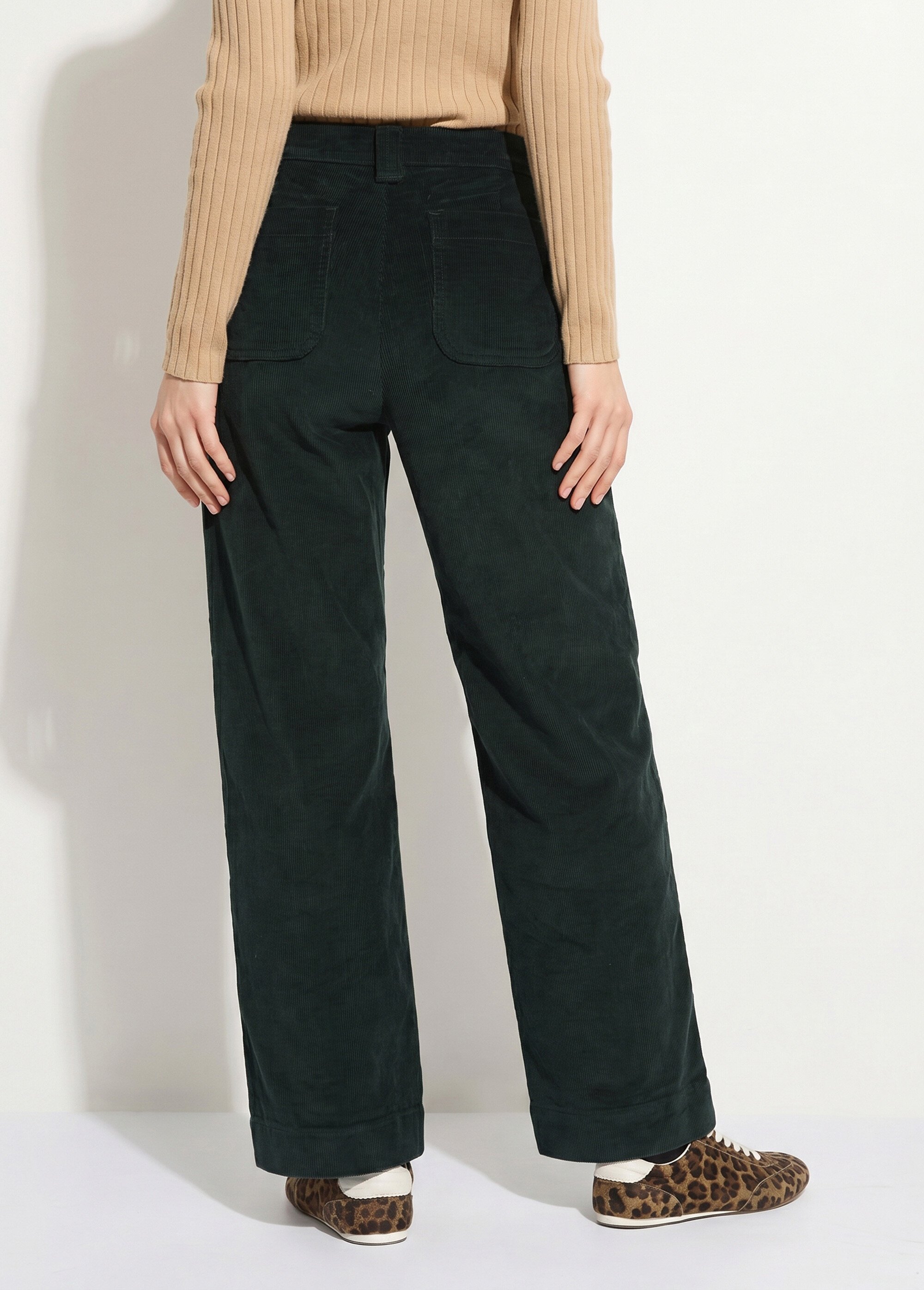 Pantalon large en velours avec poches Femme Vert OR-H2233 DO1