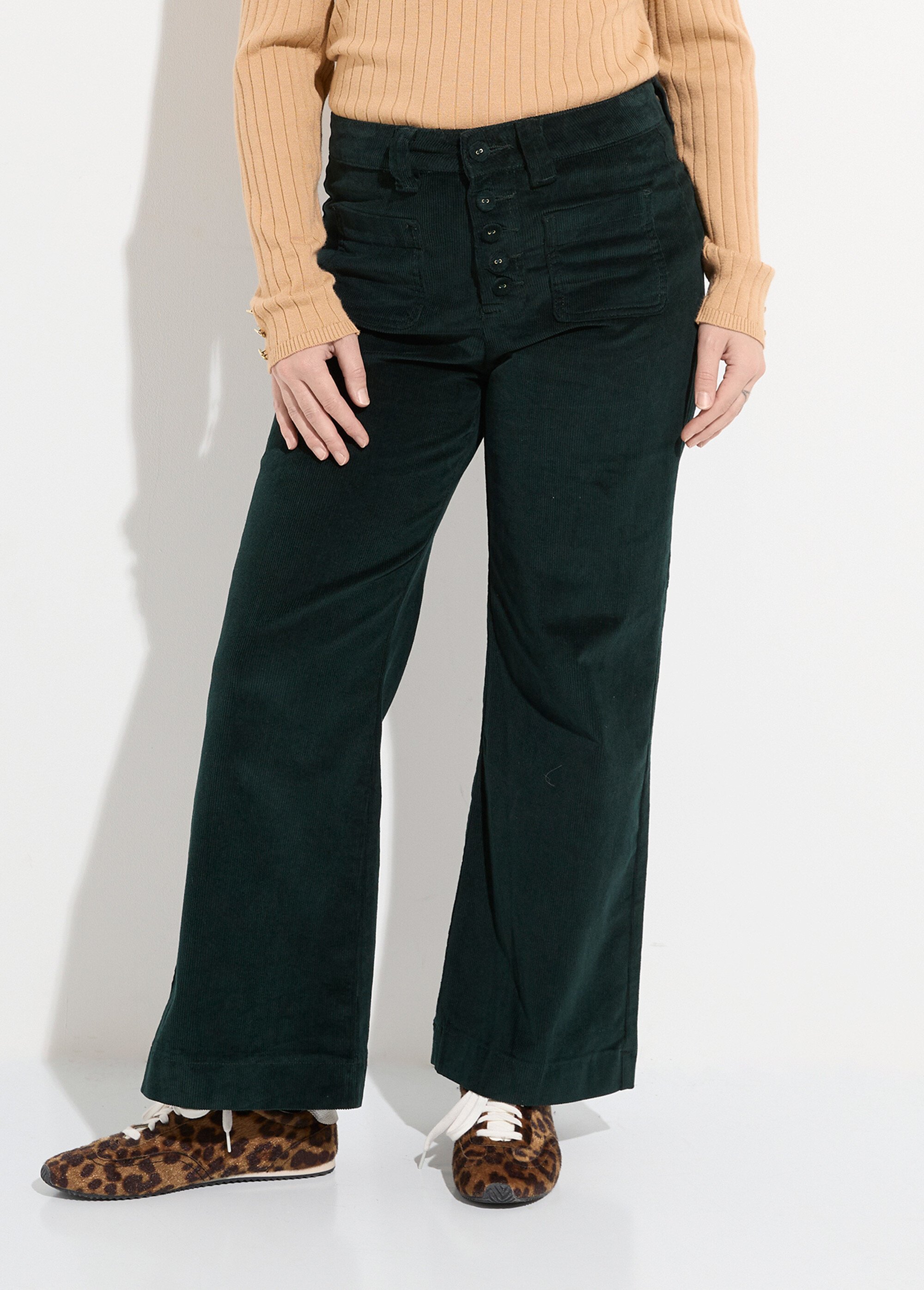 Pantalon large en velours avec poches Femme Vert OR-H2233 FA1