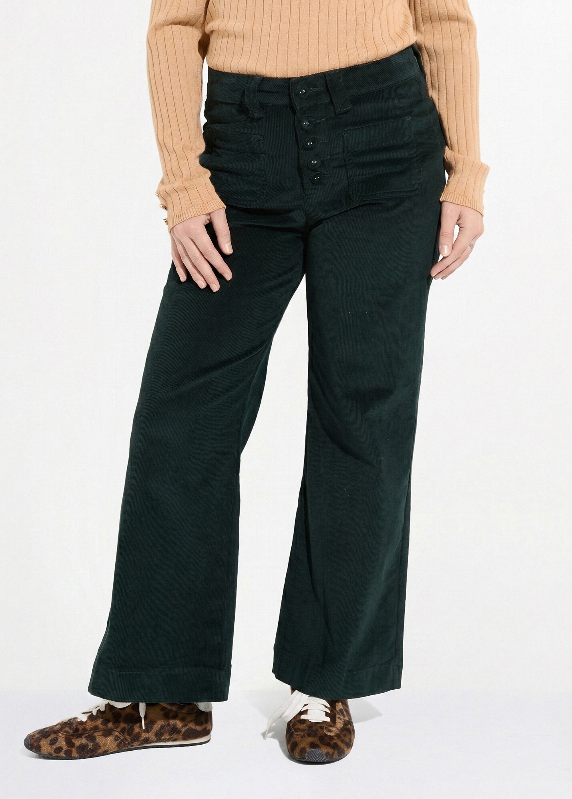 Pantalon large en velours avec poches Femme Vert OR-H2233 FA1