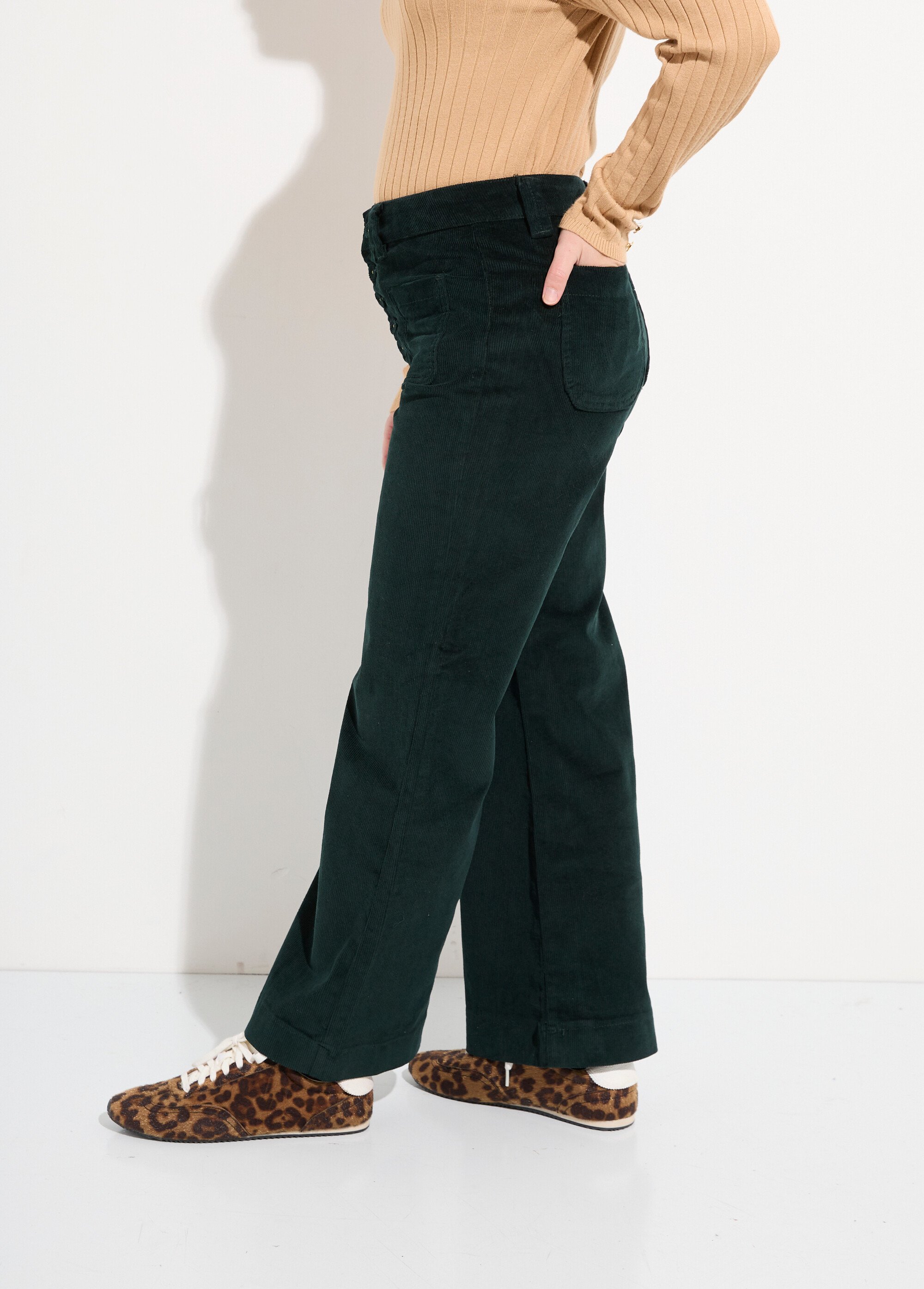 Pantalon large en velours avec poches Femme Vert OR-H2233 GA1