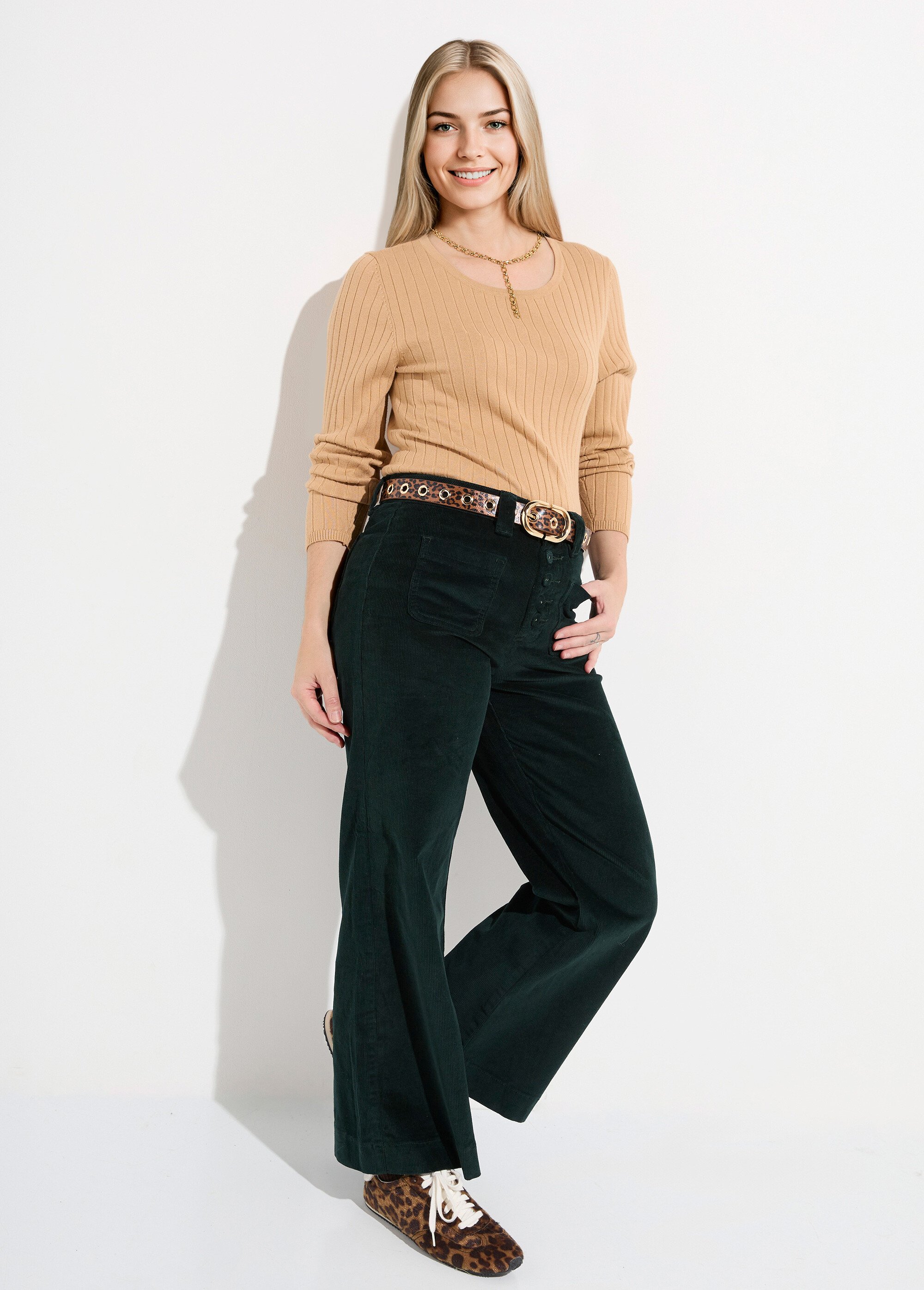 Pantalon large en velours avec poches Femme Vert OR-H2233 MV1