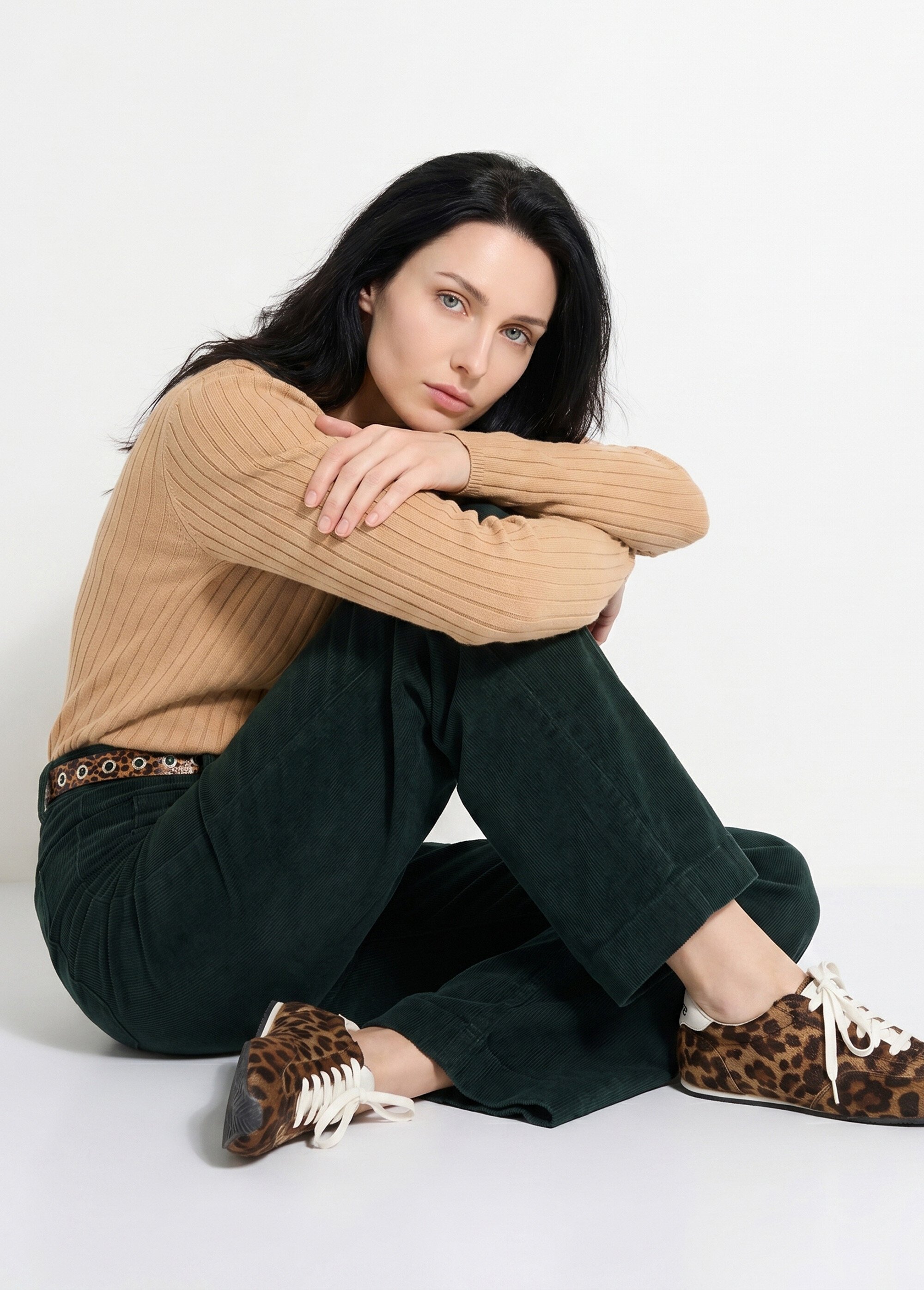 Pantalon large en velours avec poches Femme Vert OR-H2233 MV1