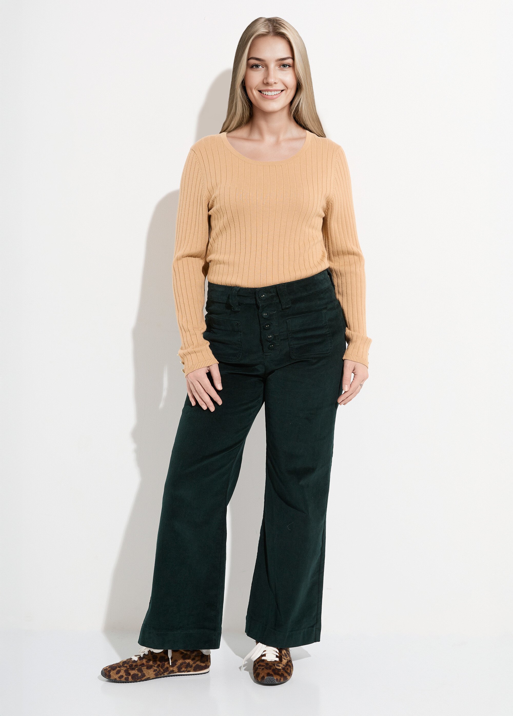 Pantalon large en velours avec poches Femme Vert OR-H2233 SF1