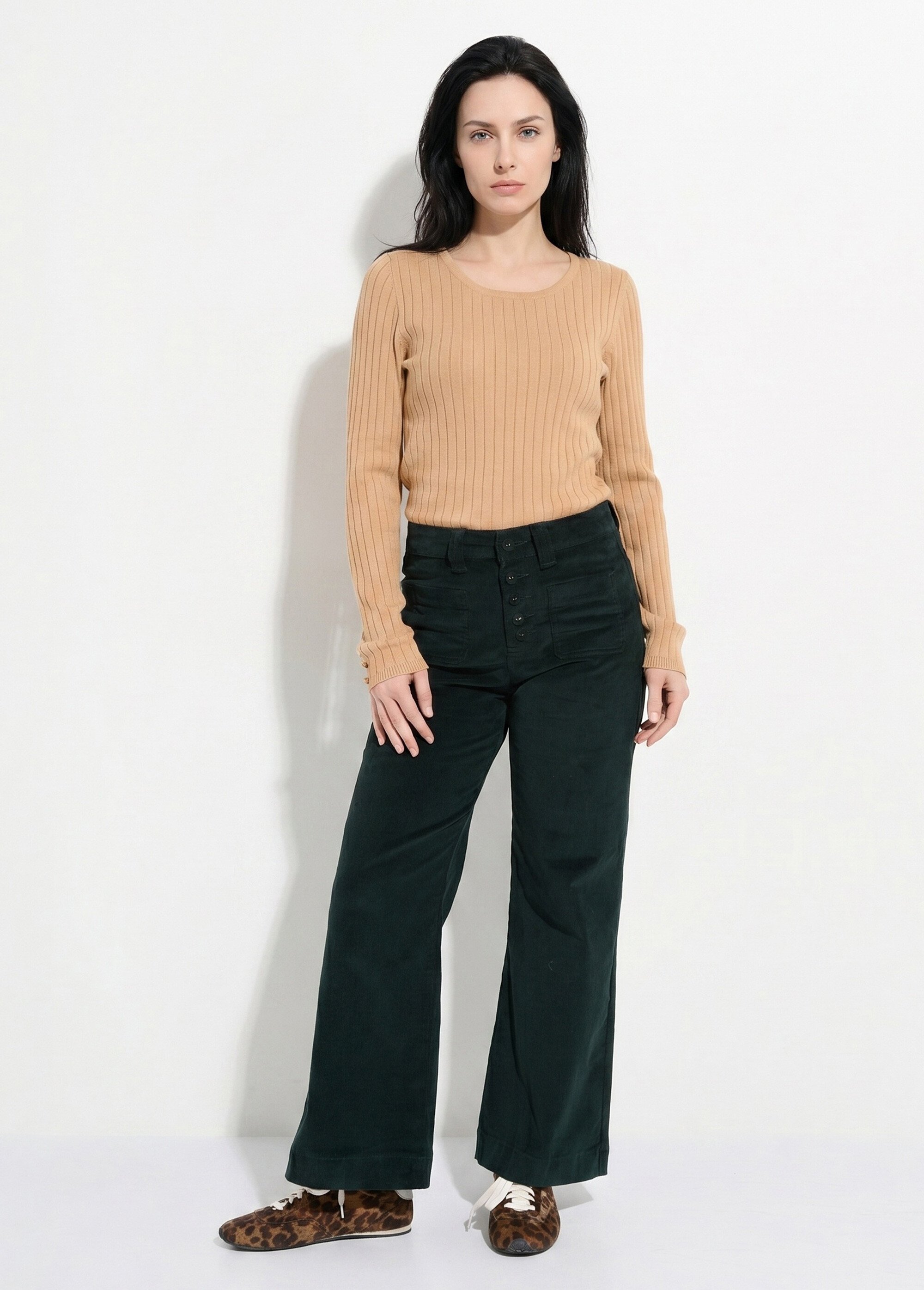 Pantalon large en velours avec poches Femme Vert OR-H2233 SI1