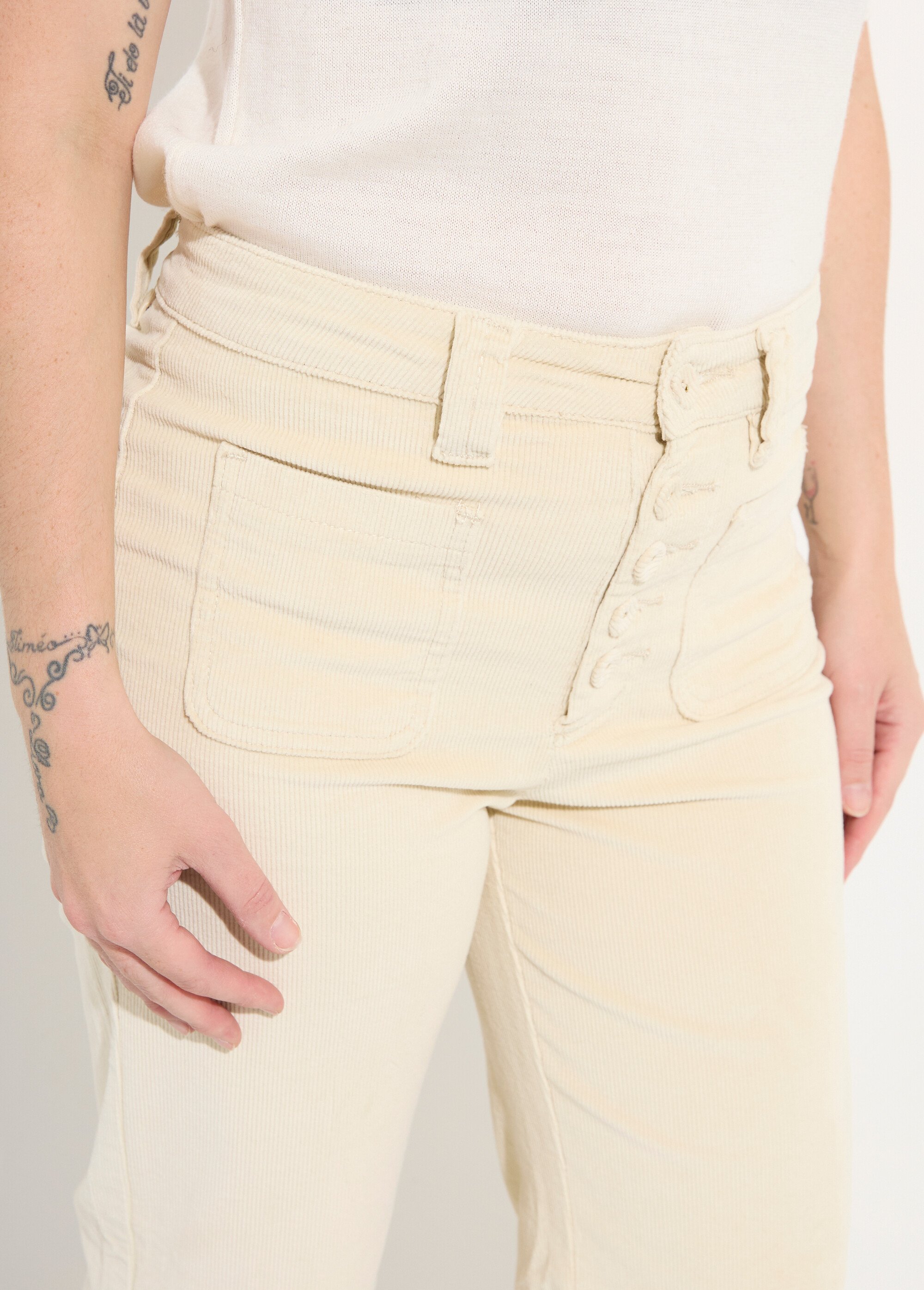 Pantalon large en velours avec poches Femme Beige OR-H2233 DE1