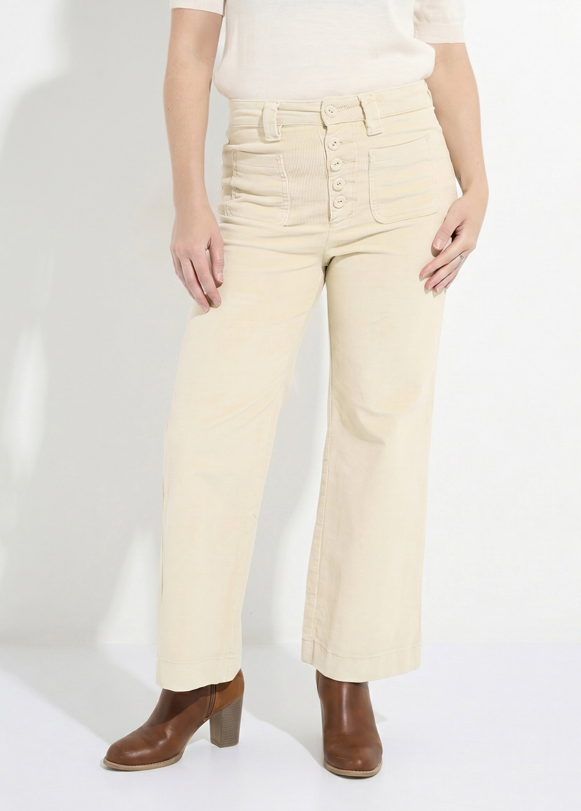 Pantalon large en velours avec poches Femme Beige OR-H2233 FA1