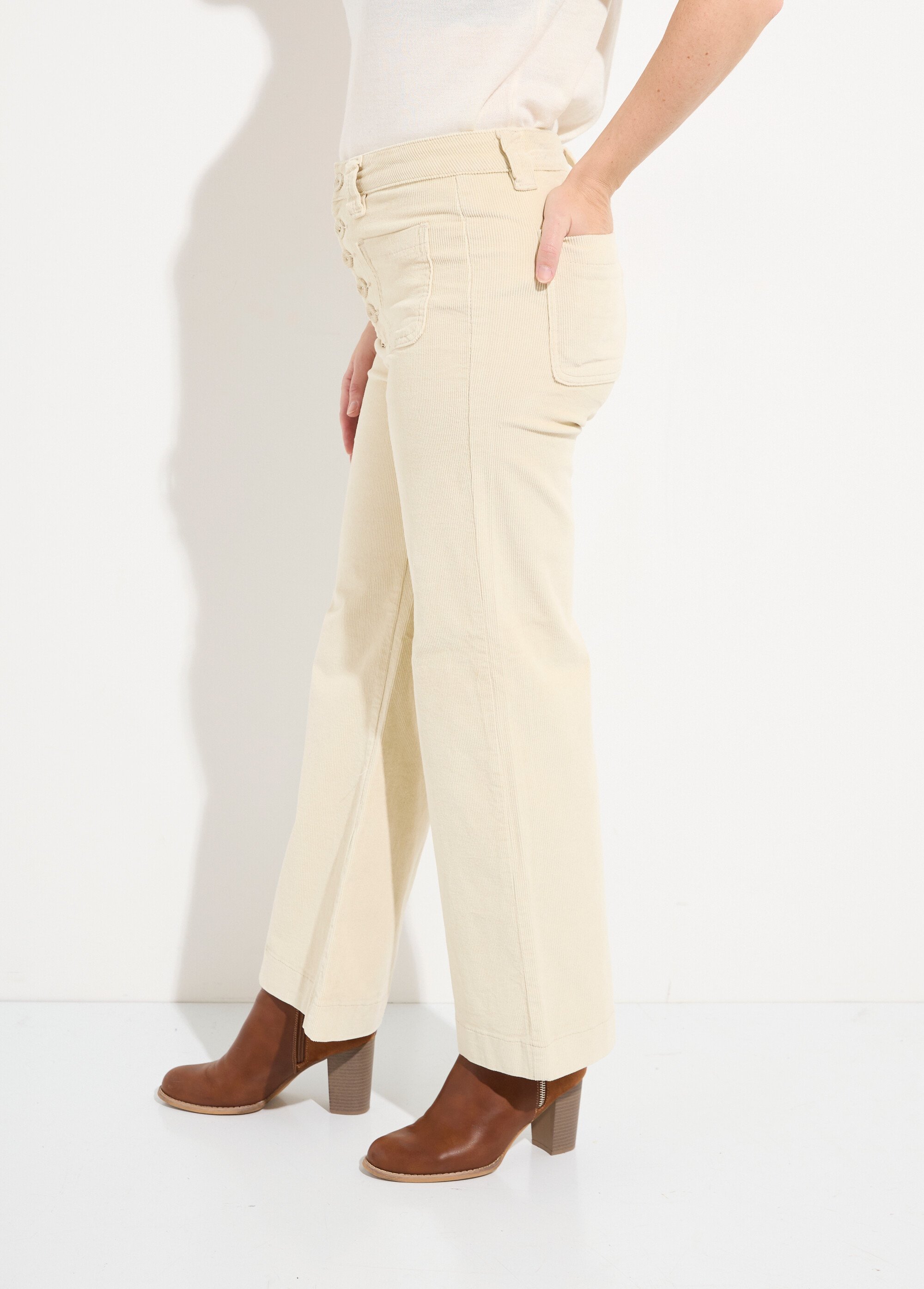 Pantalon large en velours avec poches Femme Beige OR-H2233 GA1