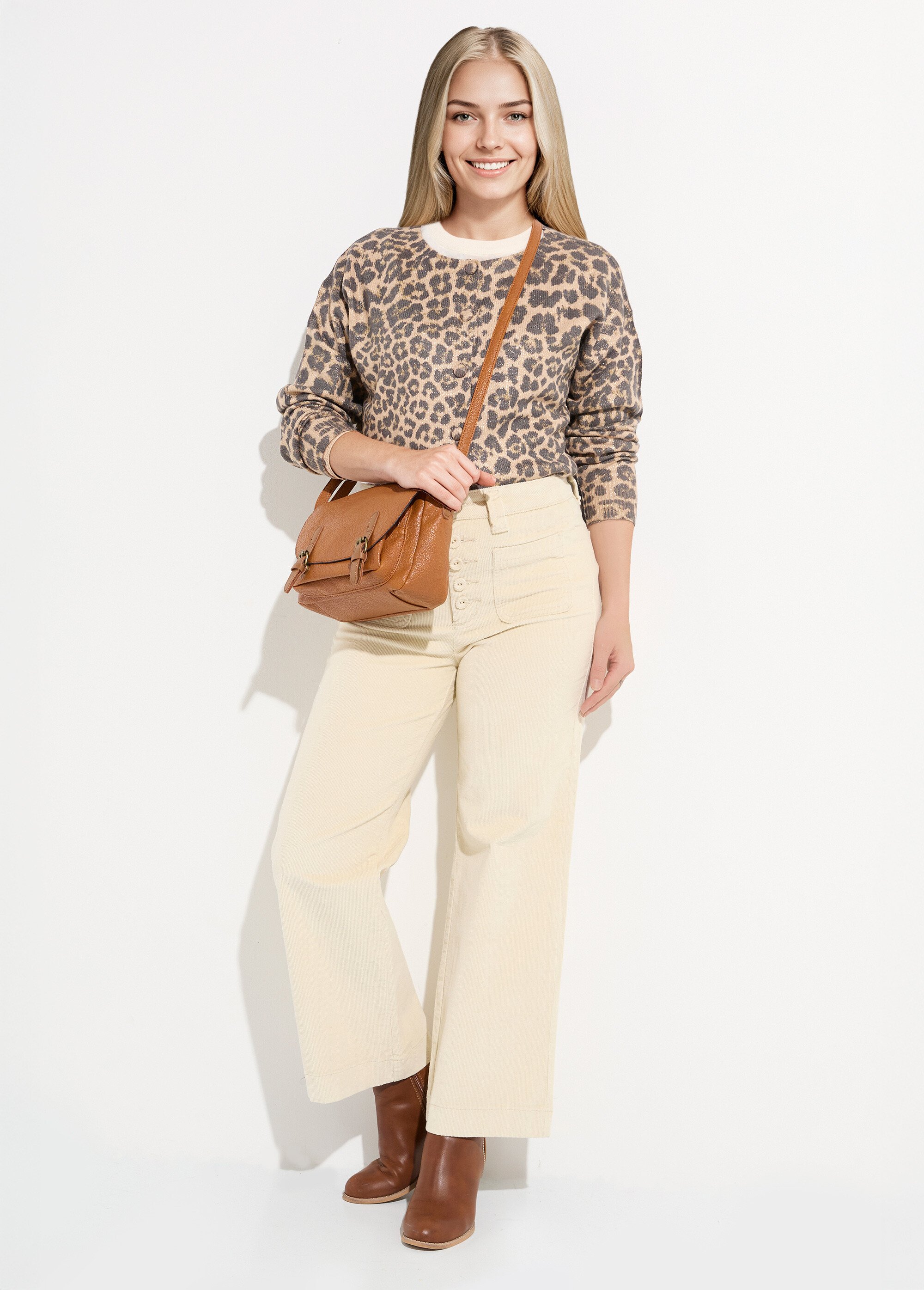 Pantalon large en velours avec poches Femme Beige OR-H2233 MV1