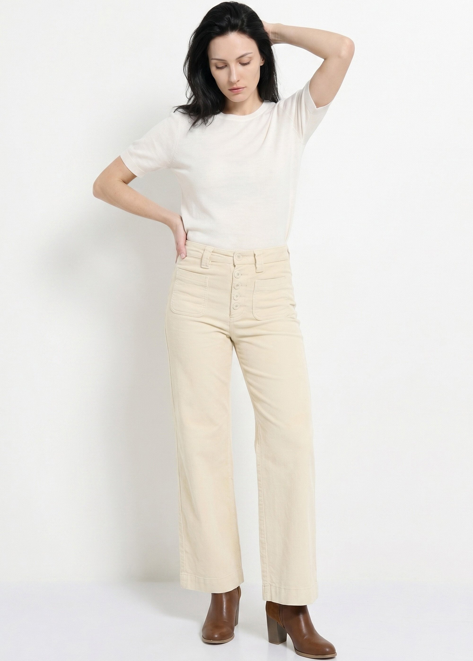 Pantalon large en velours avec poches Femme Beige OR-H2233 MV1