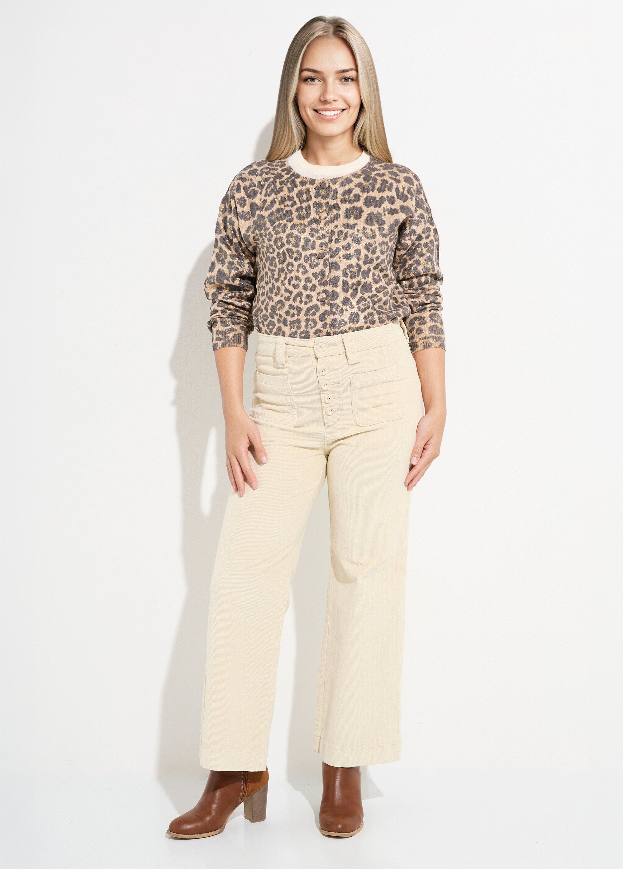 Pantalon large en velours avec poches Femme Beige OR-H2233 SF1