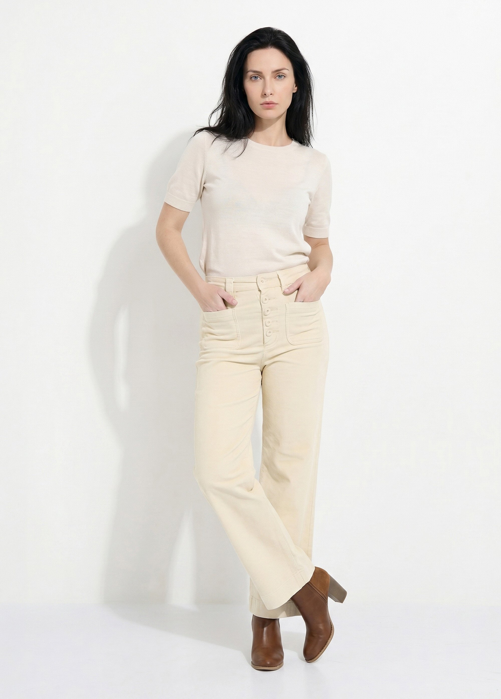 Pantalon large en velours avec poches Femme Beige OR-H2233 SI1