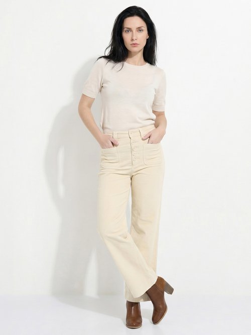 Pantalon large en velours avec poches Femme Beige OR-H2233 SI1
