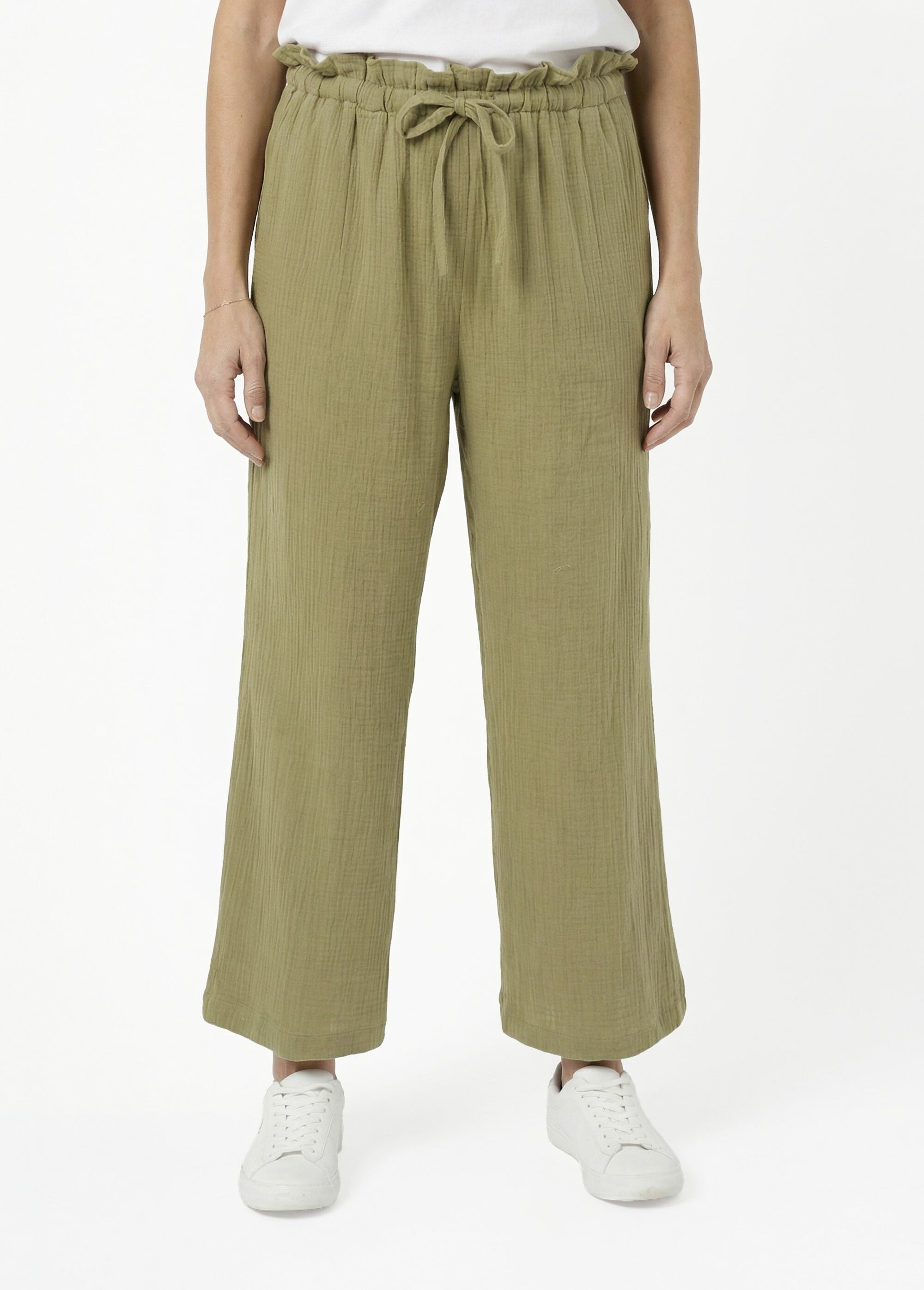 Pantalon large tendance, gaze de coton Femme Vert IA-R6069 FA1