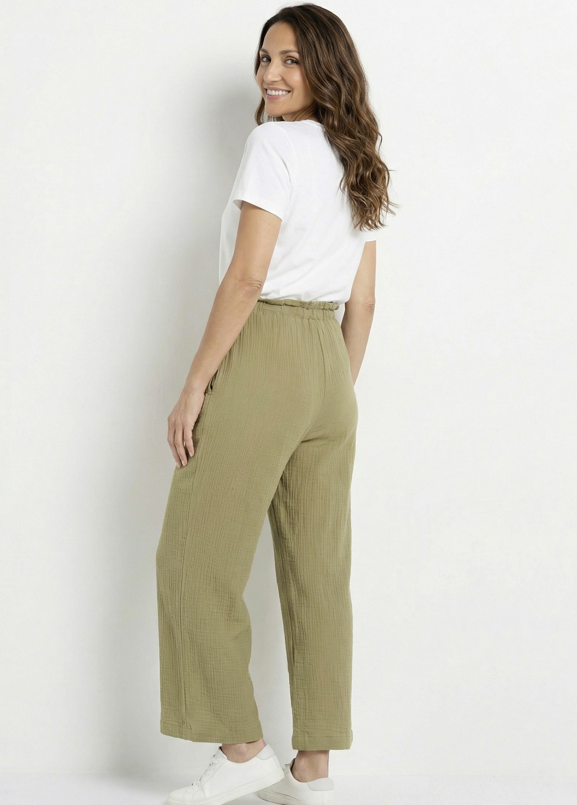 Pantalon large tendance, gaze de coton Femme Vert IA-R6069 MV1