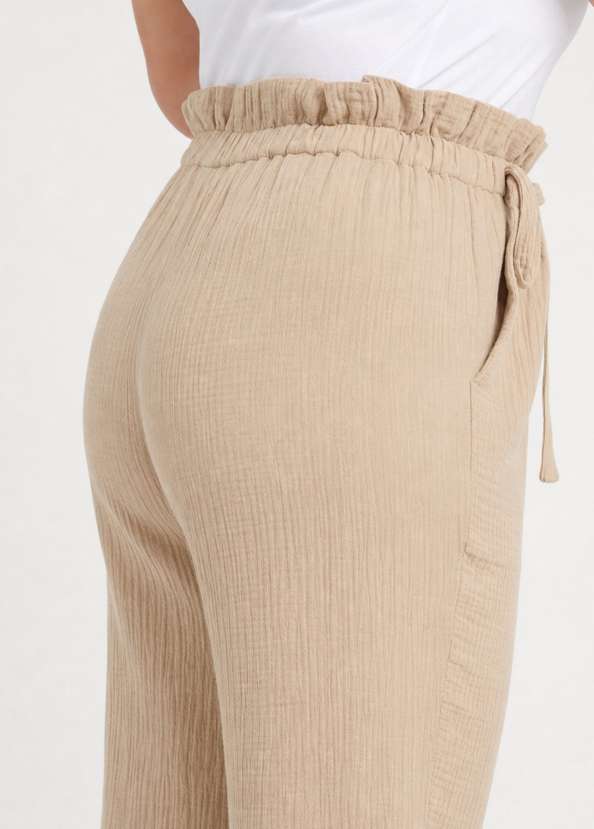 Pantalon large tendance, gaze de coton Femme Grande Taille Beige IA-R6069 DE1