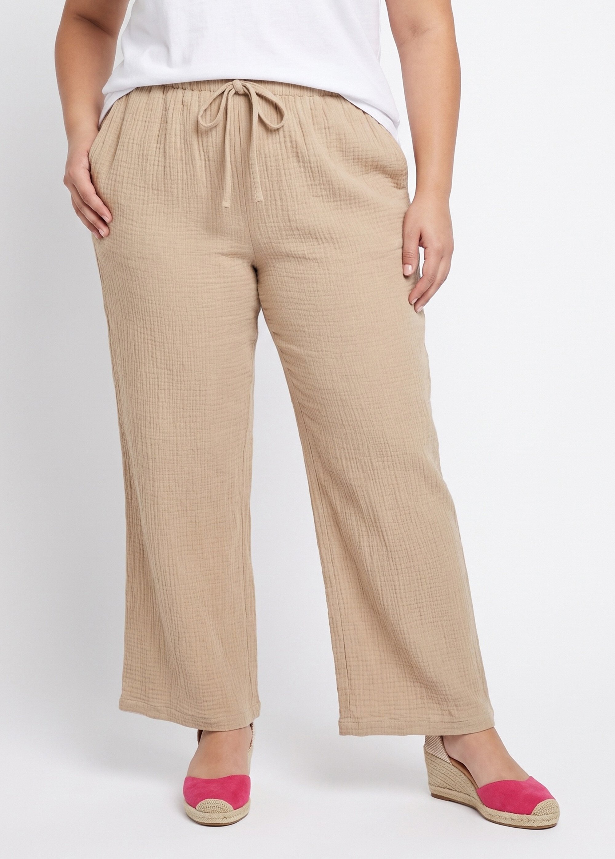 Pantalon large tendance, gaze de coton Femme Grande Taille Beige IA-R6069 FA1