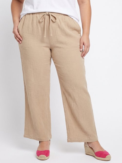 Pantalon large tendance, gaze de coton Femme Grande Taille Beige IA-R6069 FA1