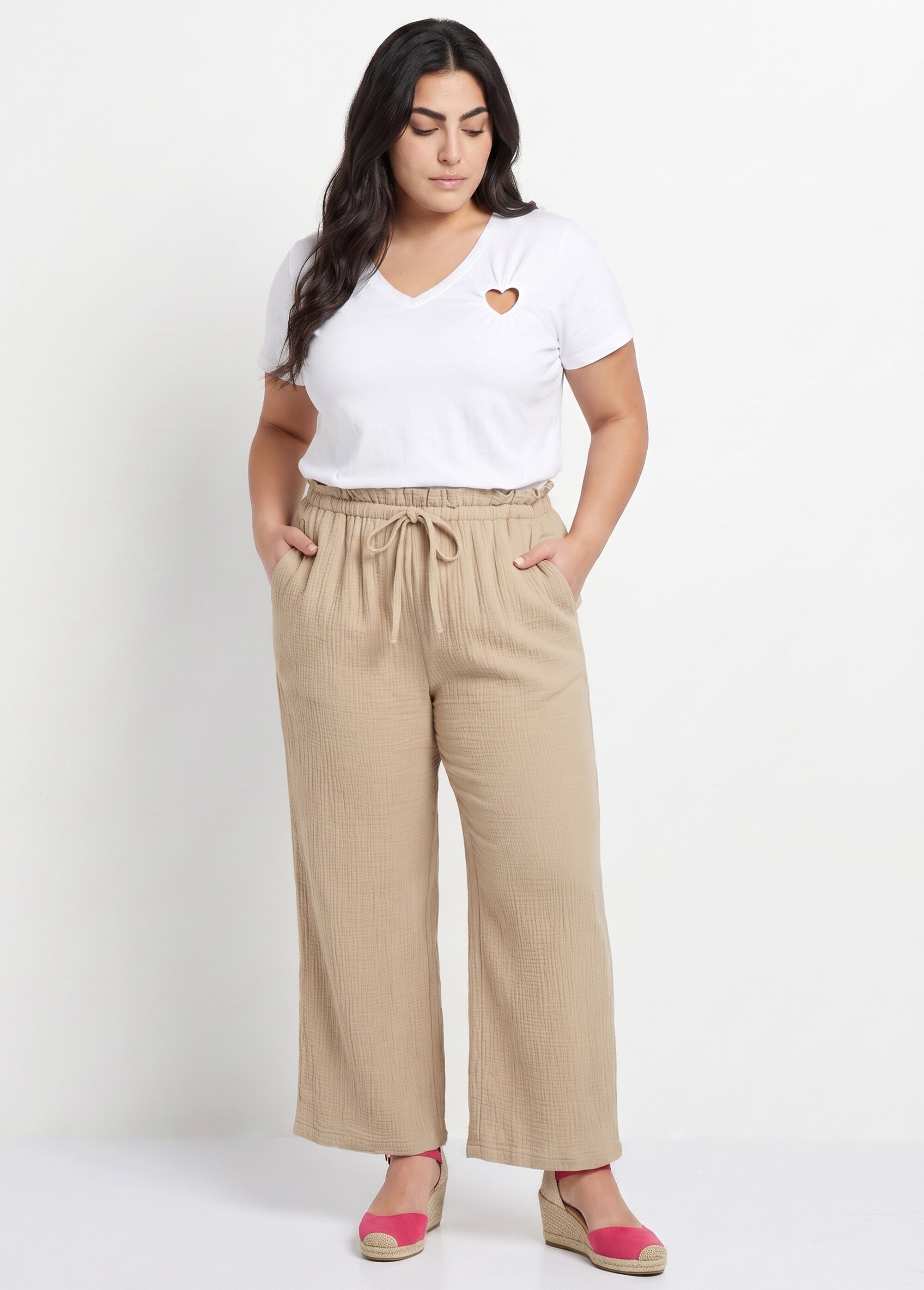 Pantalon large tendance, gaze de coton Femme Grande Taille Beige IA-R6069 MV1