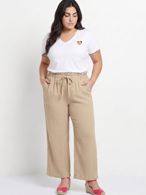Pantalon large tendance, gaze de coton Femme Grande Taille Beige IA-R6069 MV1