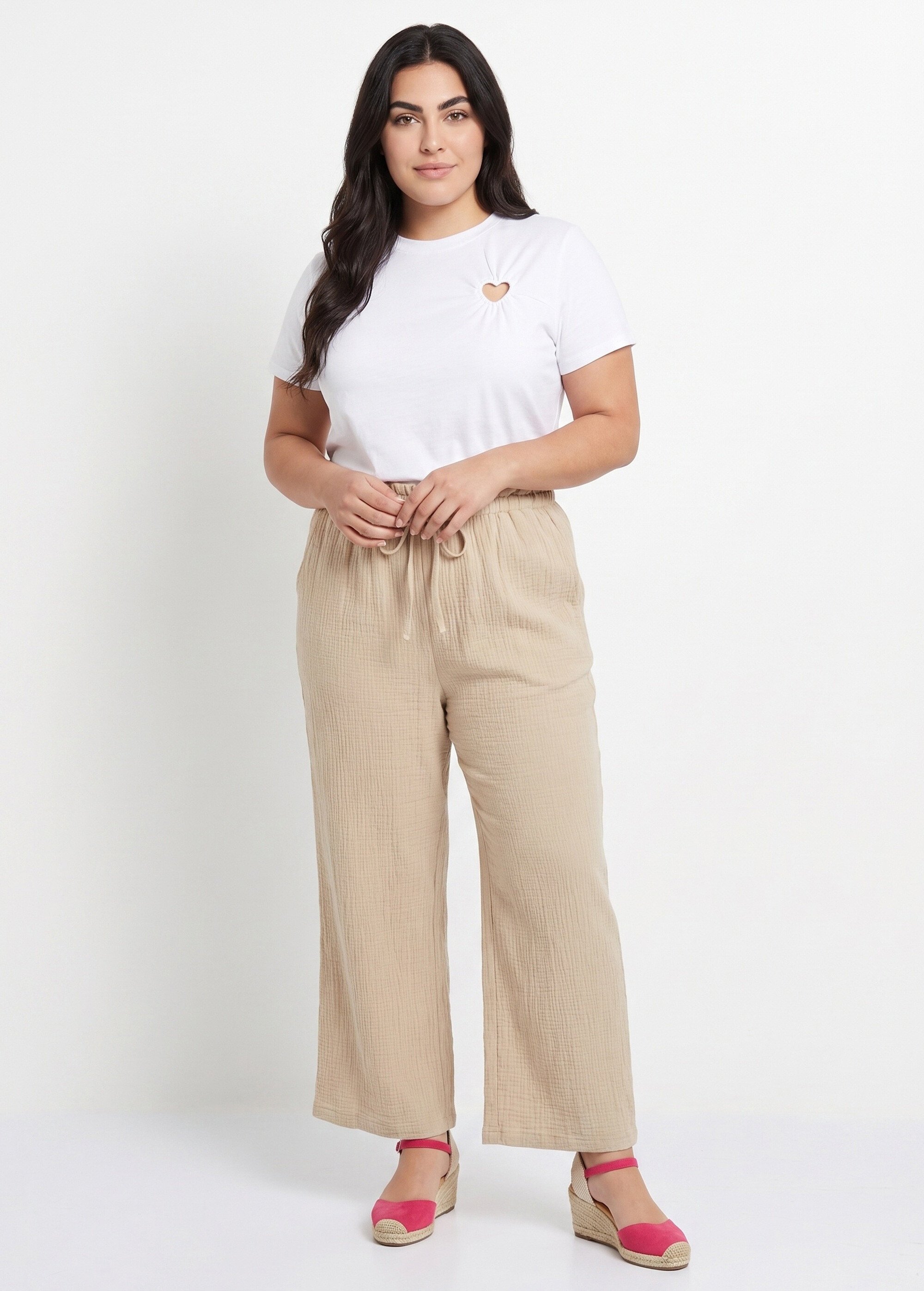 Pantalon large tendance, gaze de coton Femme Grande Taille Beige IA-R6069 SI1