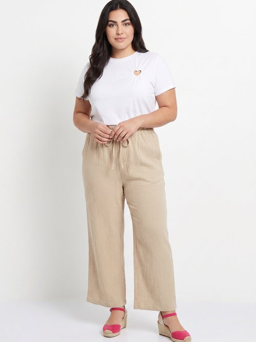 Pantalon large tendance, gaze de coton Femme Grande Taille Beige IA-R6069 SI1