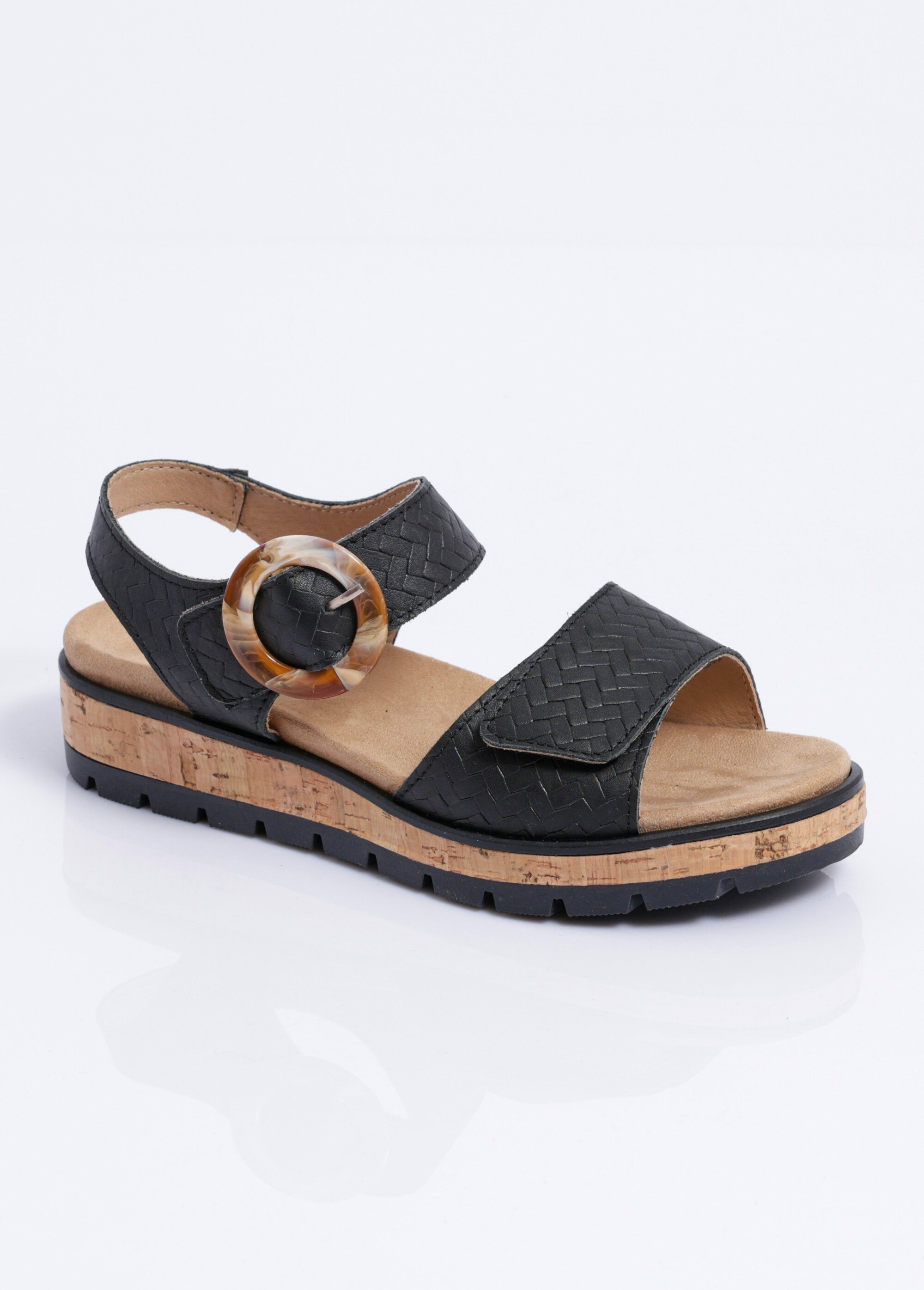 Sandales compensées cuir effet tressé ouverture totale Femme Noir OMISSY FA1