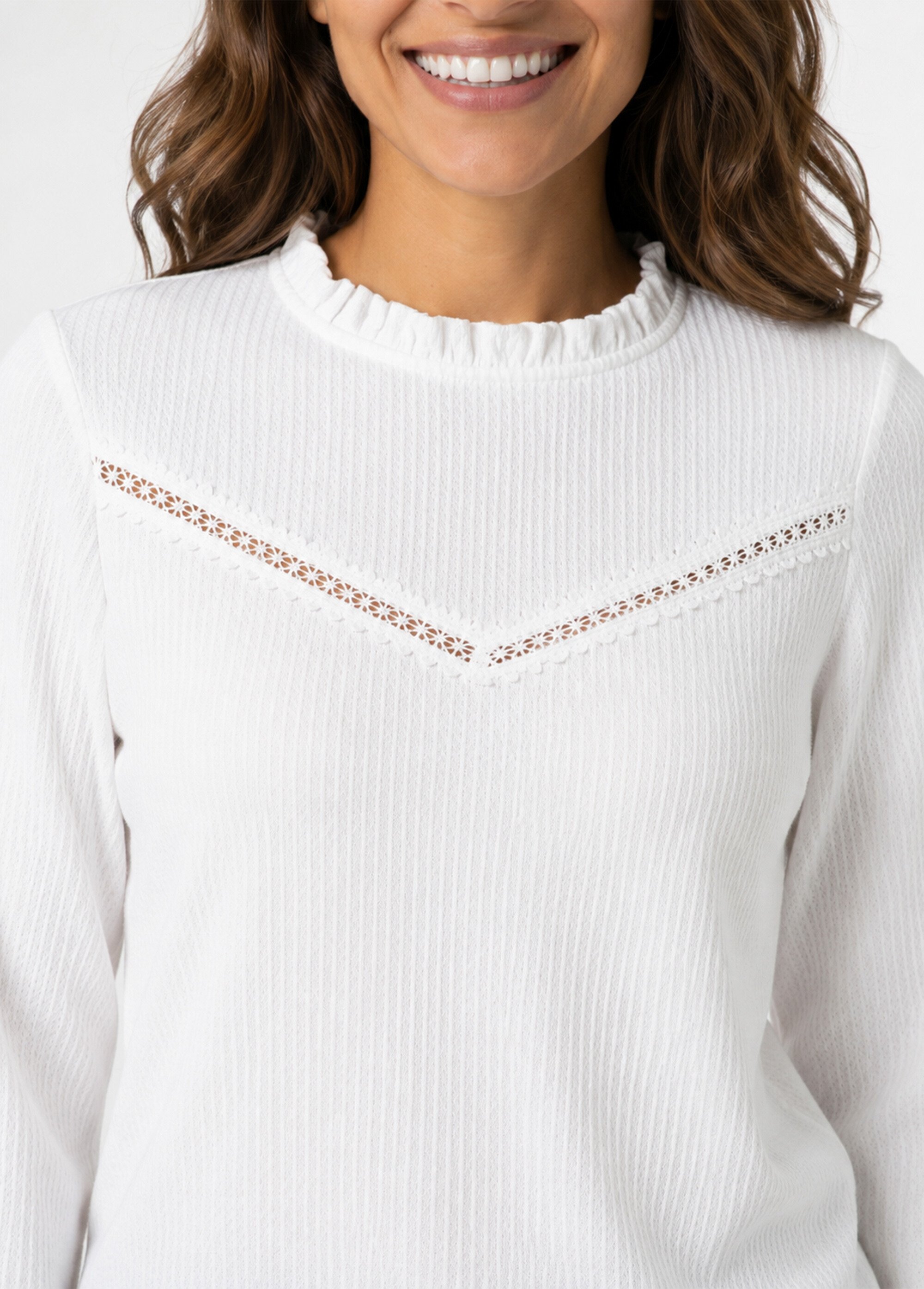 T-shirt blanc col montant volanté maille gaufrée