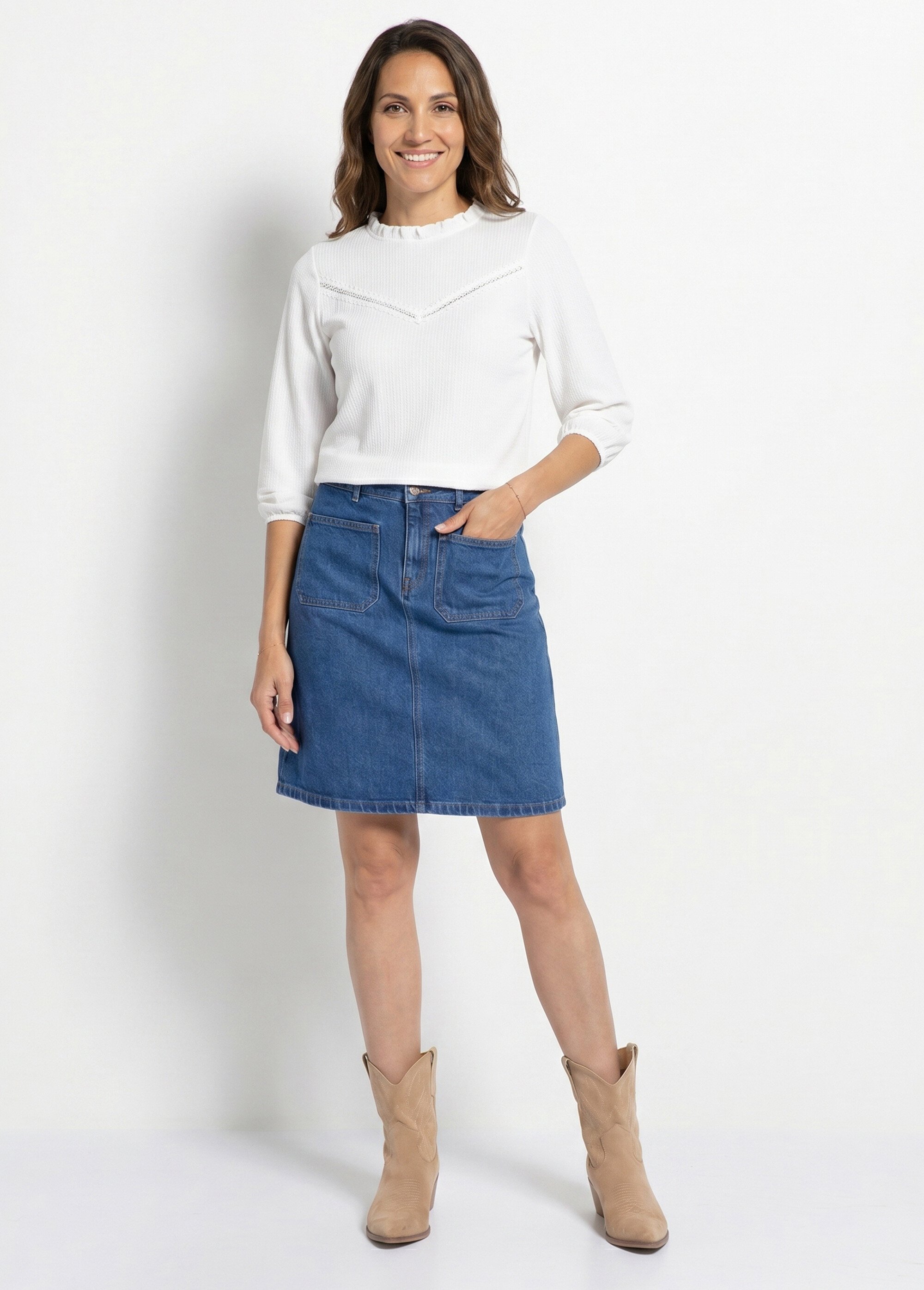 T-shirt blanc col montant volanté maille gaufrée Femme Blanc CASSIO SI1