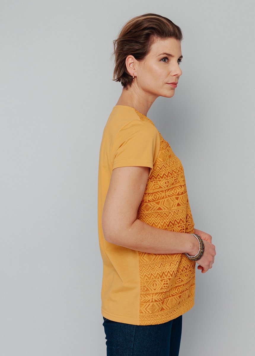 T-shirt brodé ethnique bi-matière Femme Jaune CLOCHER DR1