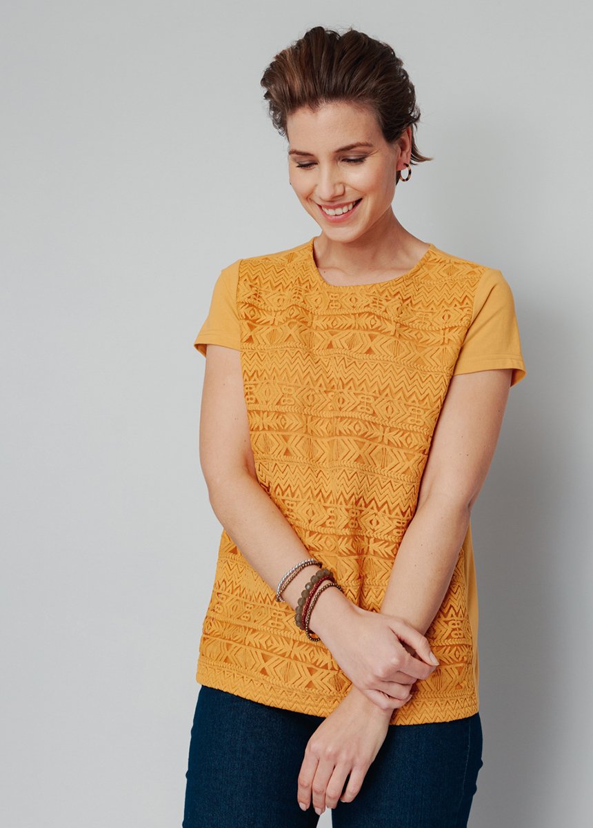 T-shirt brodé ethnique bi-matière Femme Jaune CLOCHER FA1
