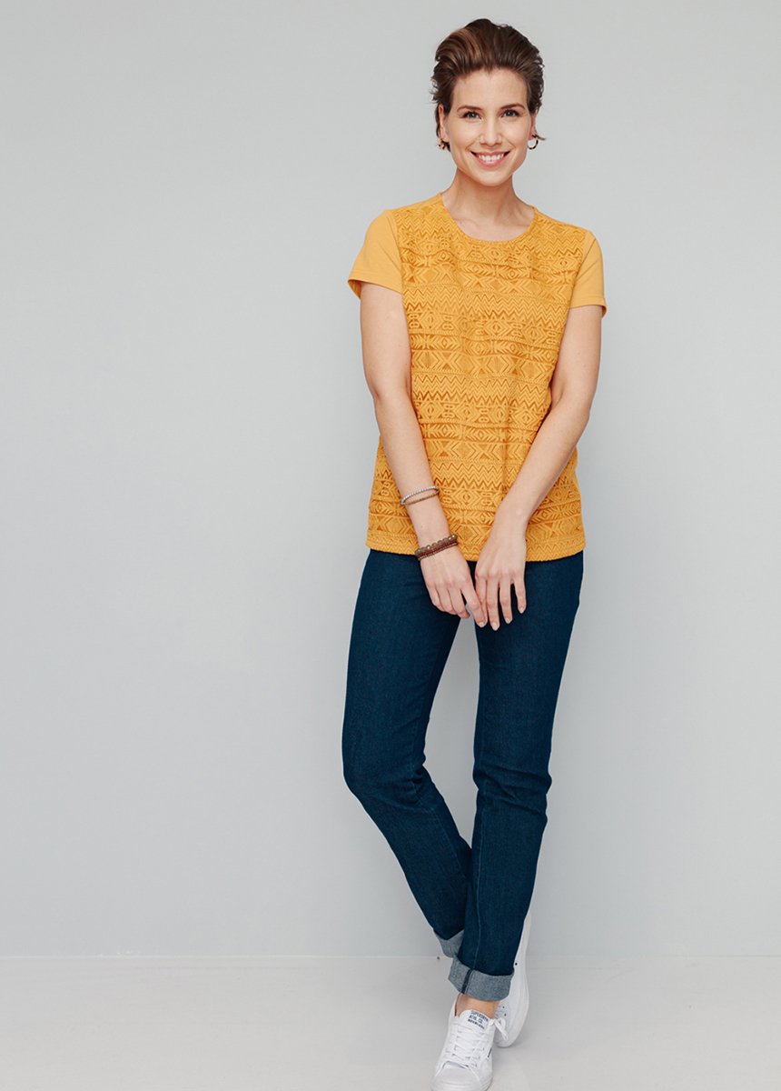 T-shirt brodé ethnique bi-matière Femme Jaune CLOCHER SI1