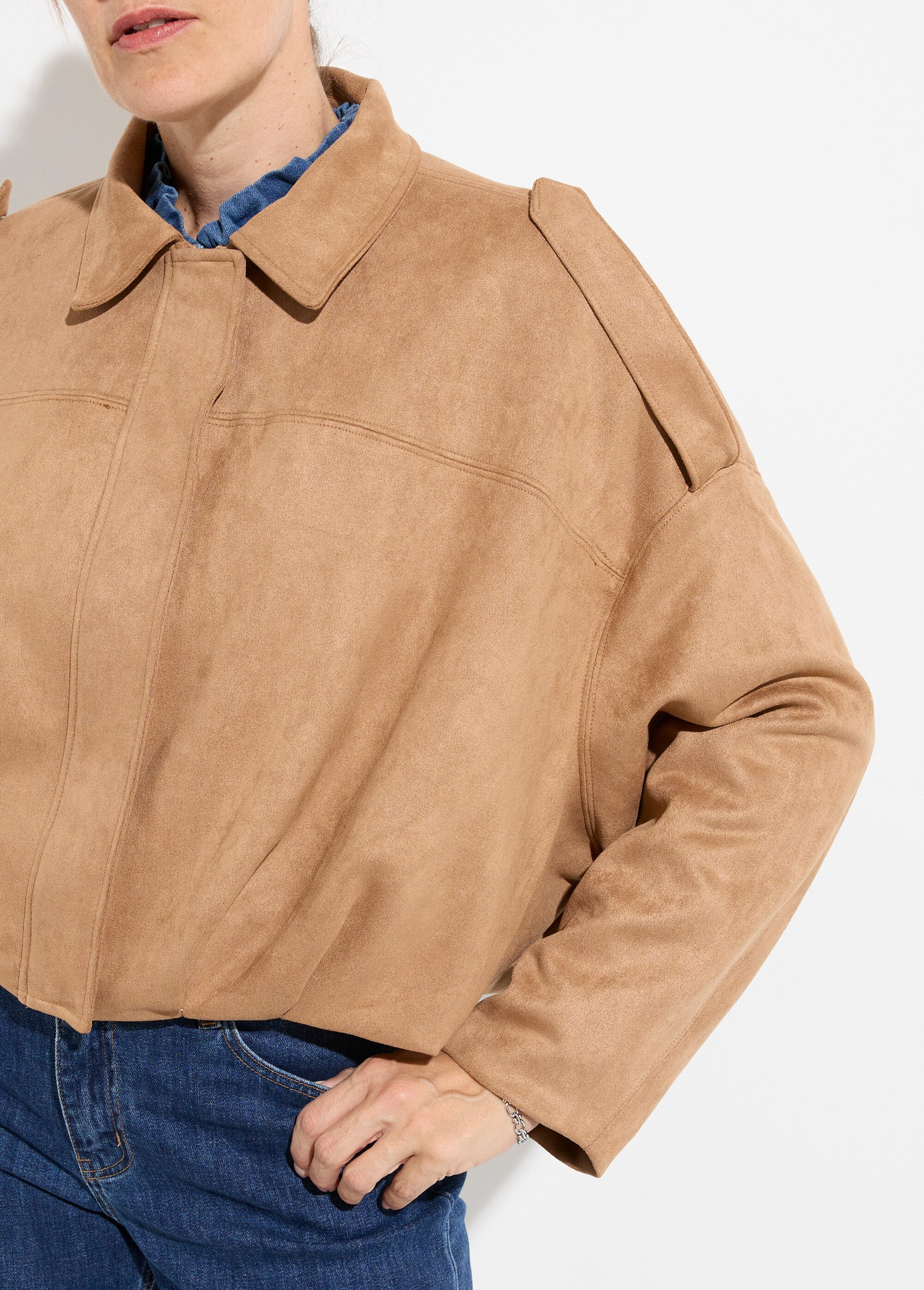 Veste oversize courte plissée en suédine Femme Beige LBC-VE050A DE1