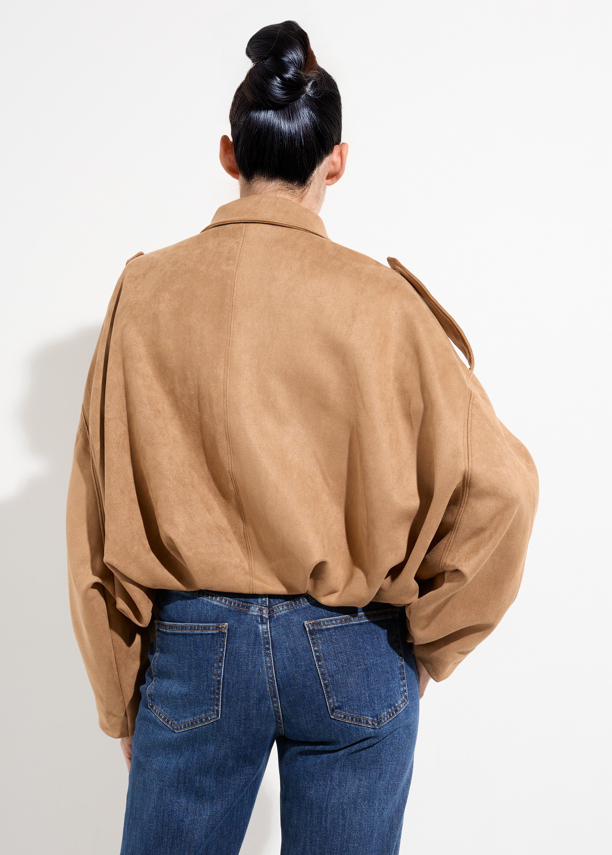 Veste oversize courte plissée en suédine Femme Beige LBC-VE050A DO1