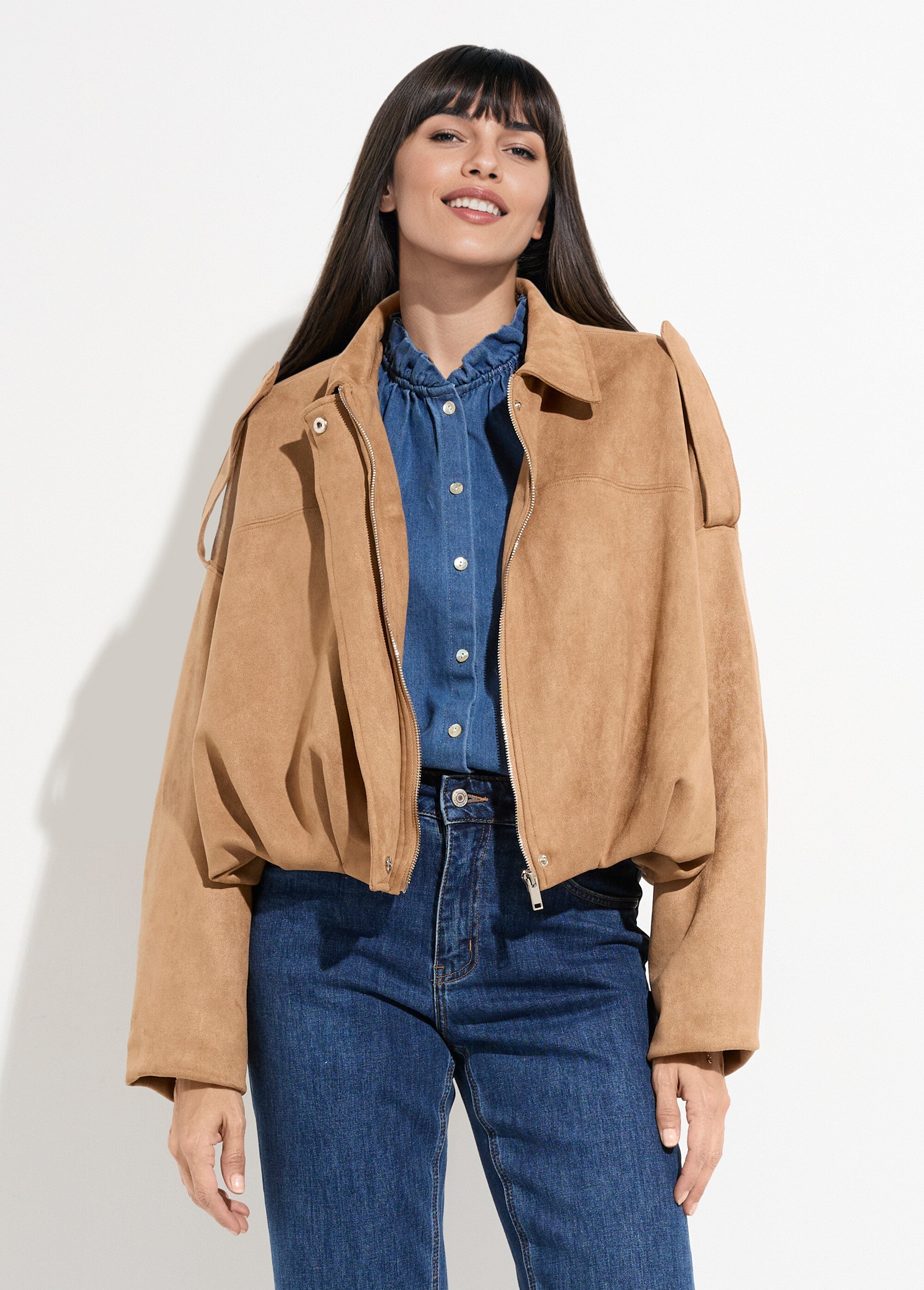 Veste oversize courte plissée en suédine Femme Beige LBC-VE050A FA1