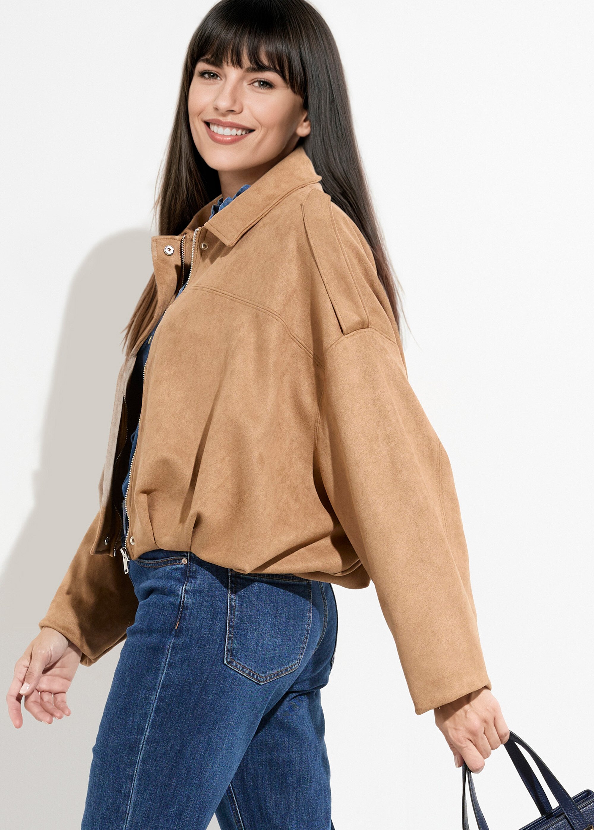 Veste oversize courte plissée en suédine Femme Beige LBC-VE050A MV1