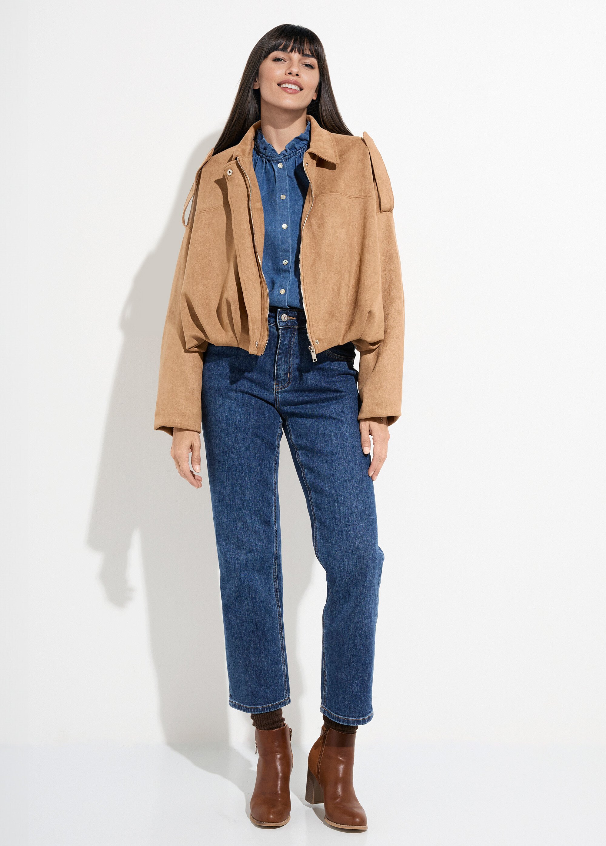 Veste oversize courte plissée en suédine Femme Beige LBC-VE050A SF1