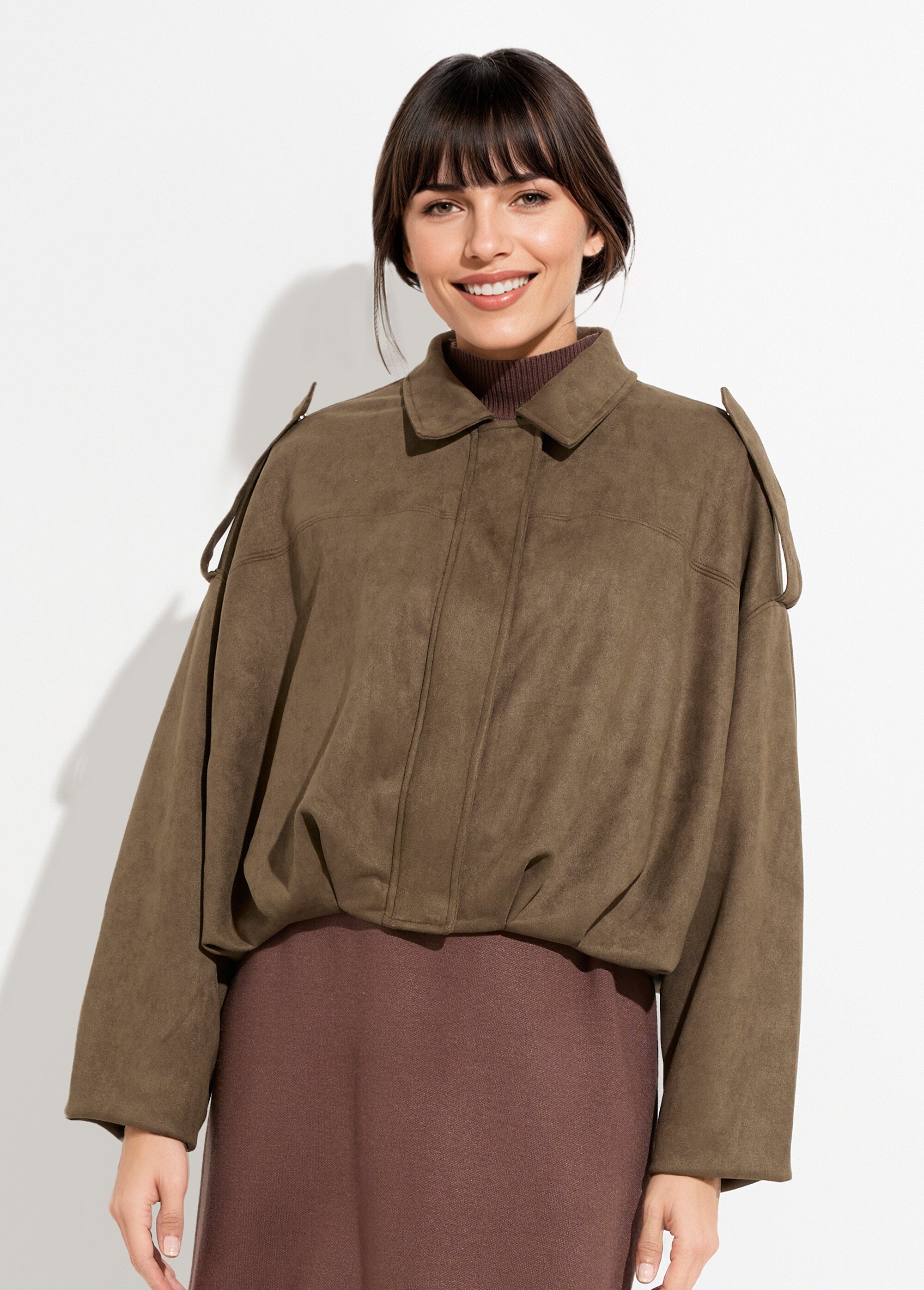 Veste oversize courte plissée en suédine Femme Vert LBC-VE050A FA1