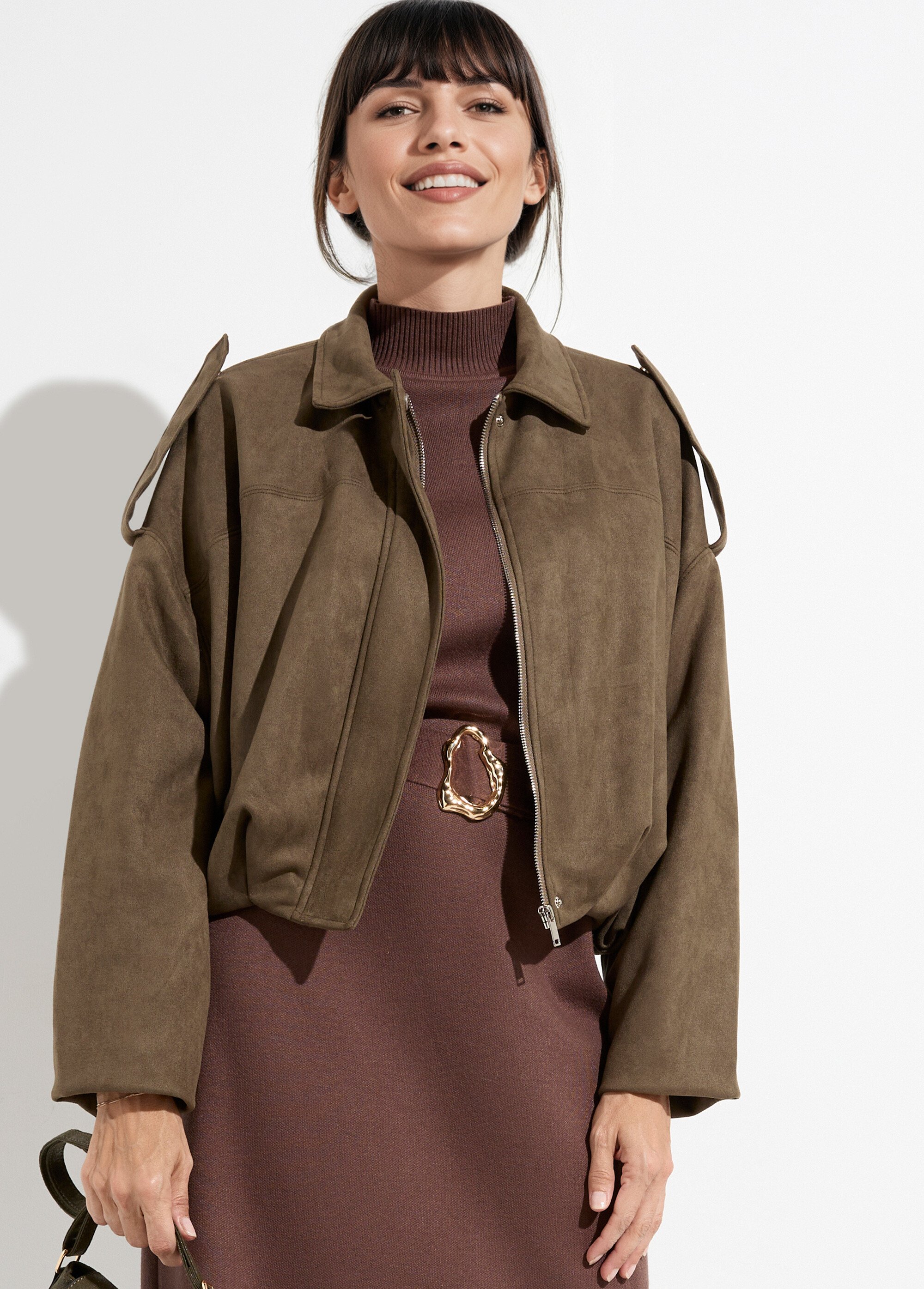 Veste oversize courte plissée en suédine Femme Vert LBC-VE050A MV1