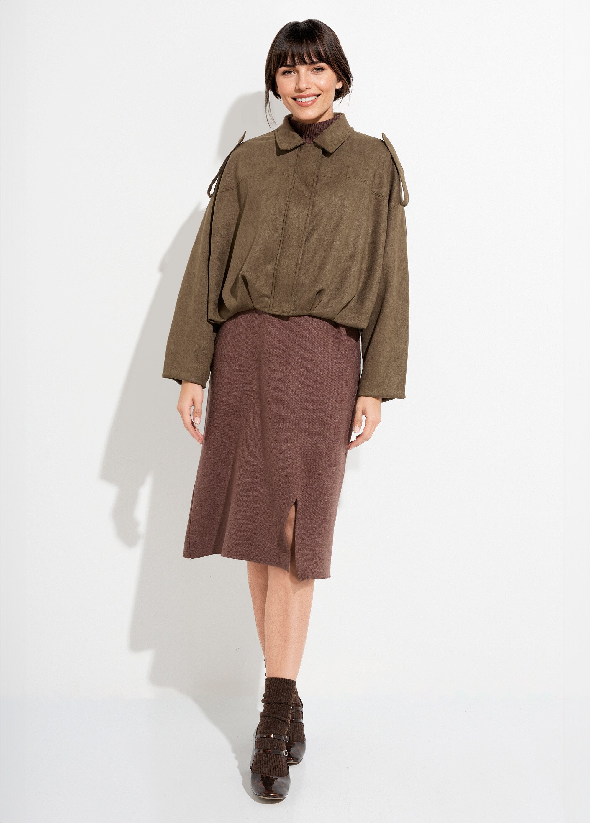 Veste oversize courte plissée en suédine Femme Vert LBC-VE050A SF1